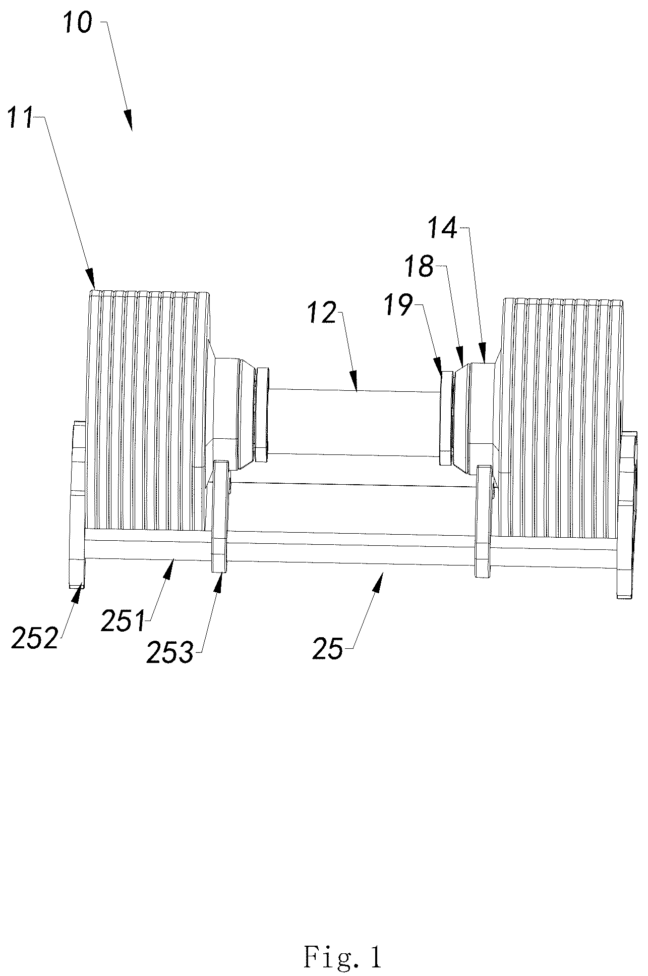 Patent US12350540 Figure 1 – Automatic plate-changing integrated dumbbell