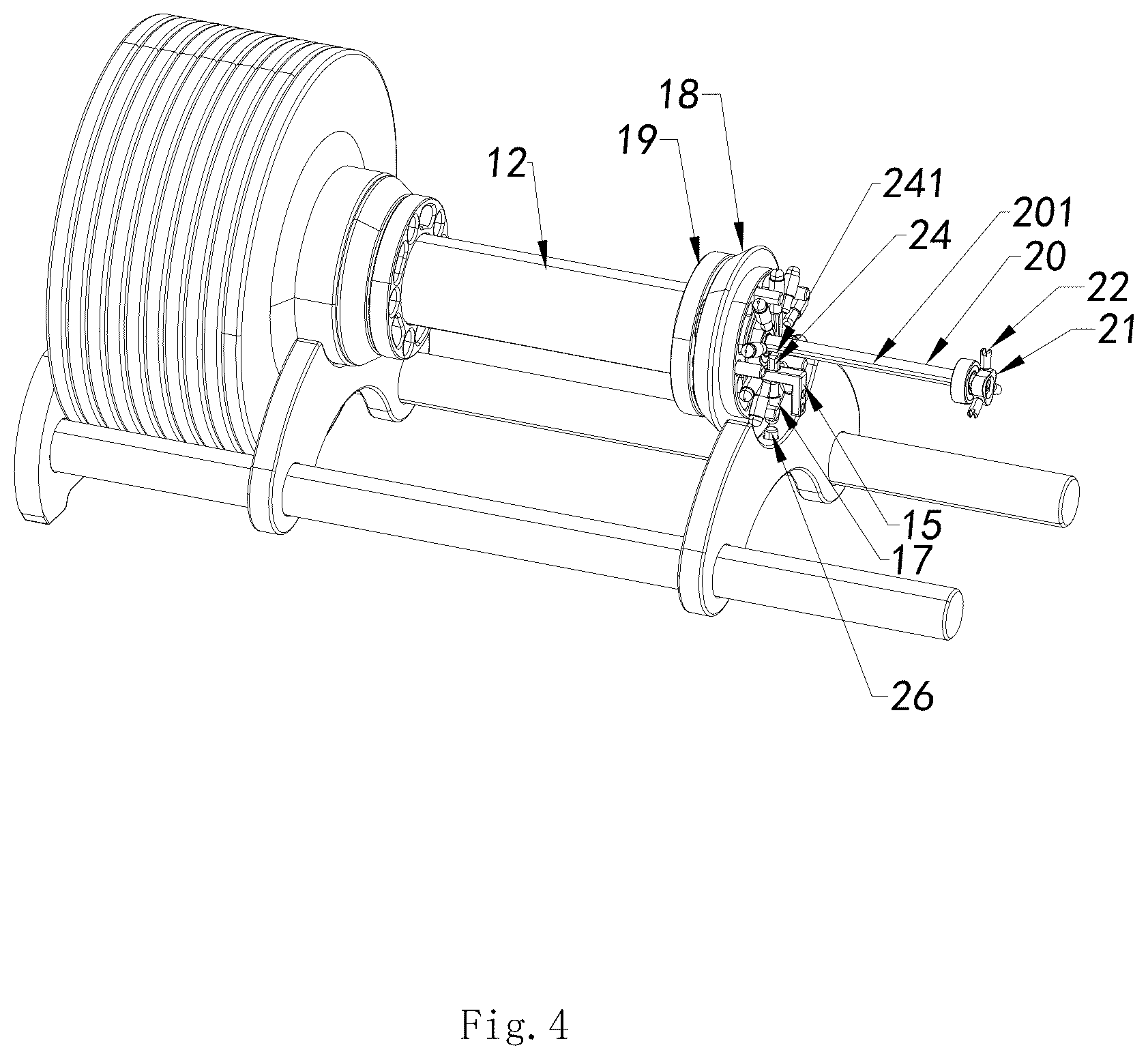 Patent US12350540 Figure 4 – Automatic plate-changing integrated dumbbell