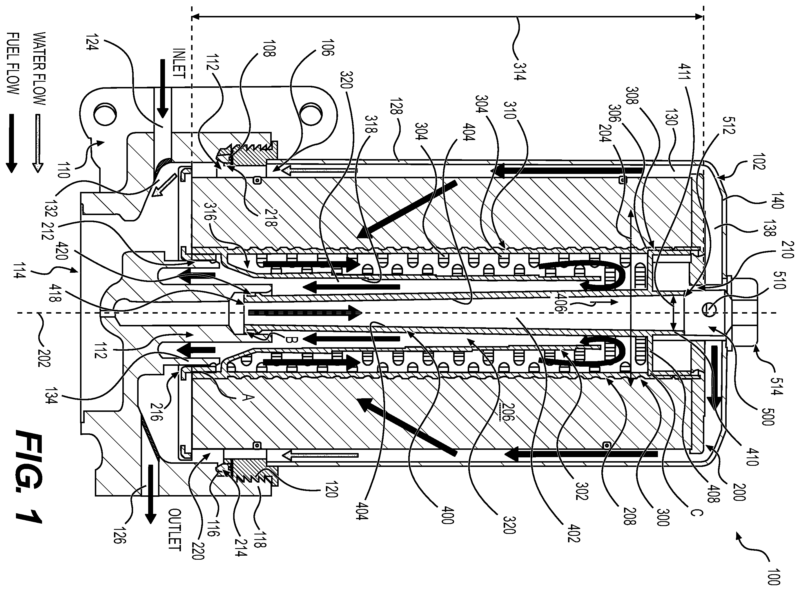 Patent US12350608 Figure 1 – Fuel filter passage for downward fuel flow direction