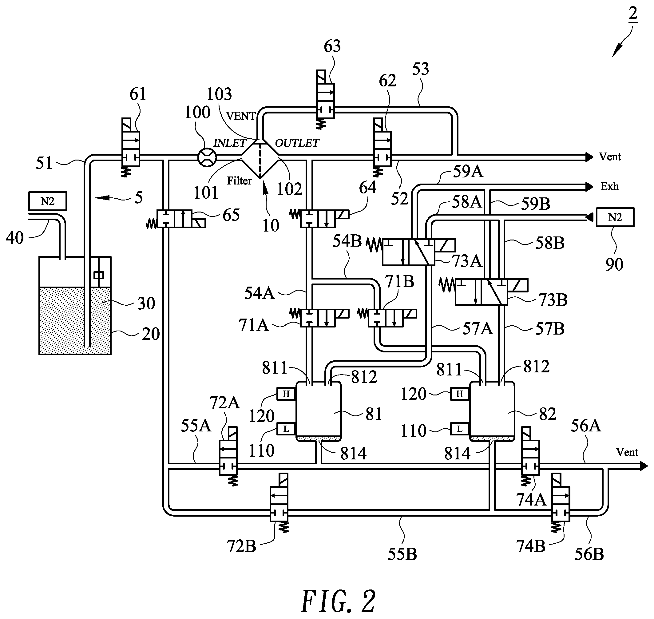 Patent US12350609 Figure 2 – Pre-wet system having pneumatic circulation