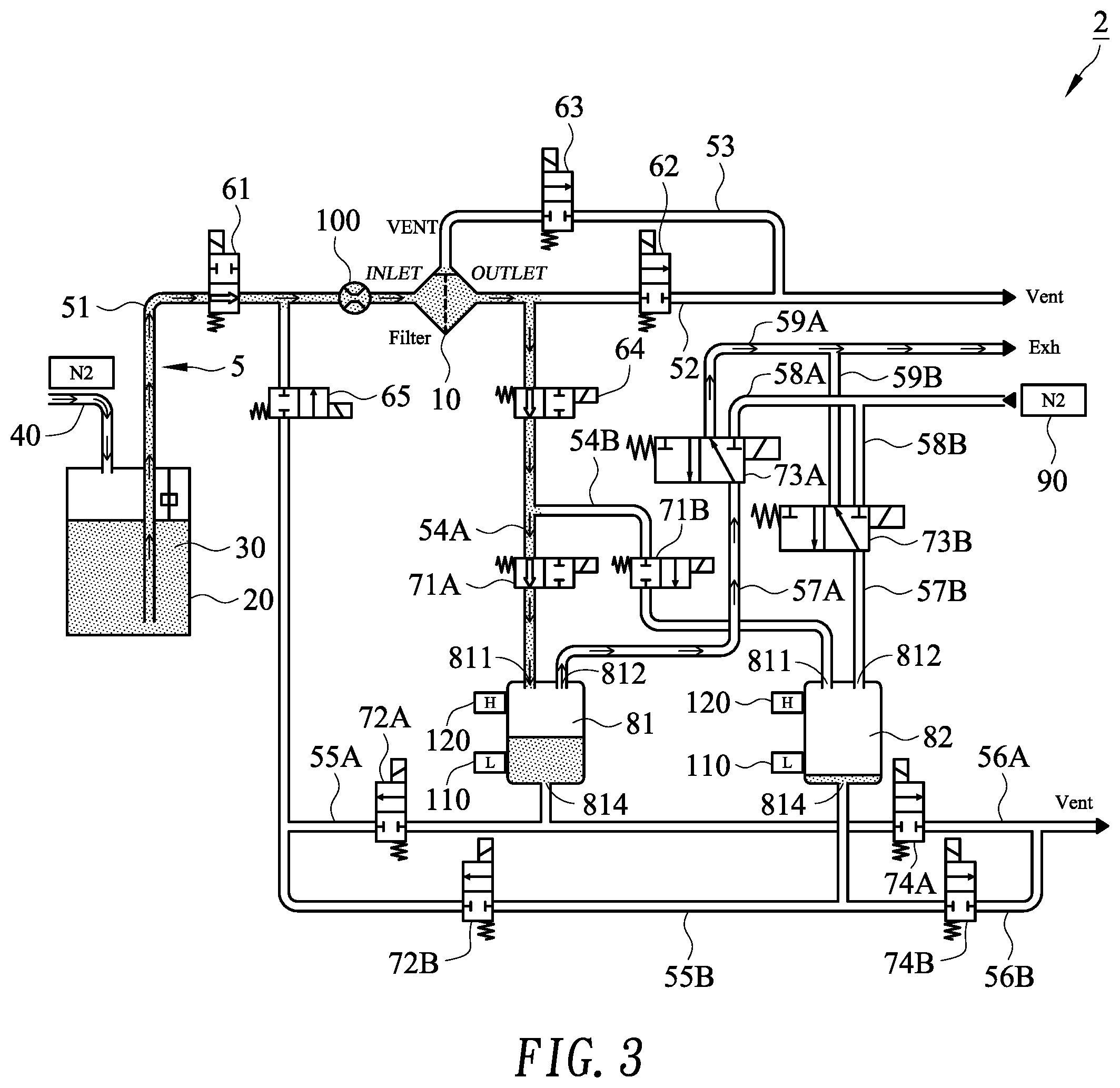 Patent US12350609 Figure 3 – Pre-wet system having pneumatic circulation