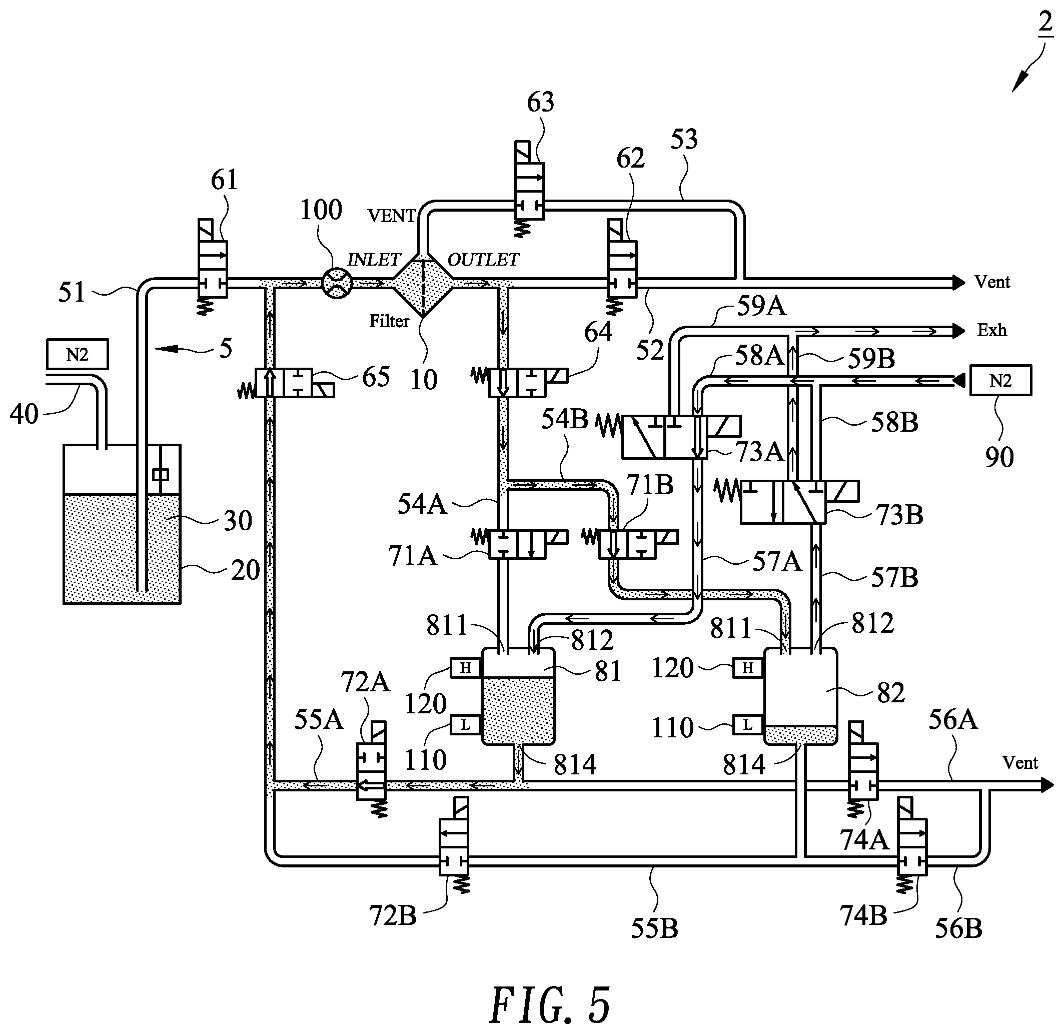 Patent US12350609 Figure 5 – Pre-wet system having pneumatic circulation