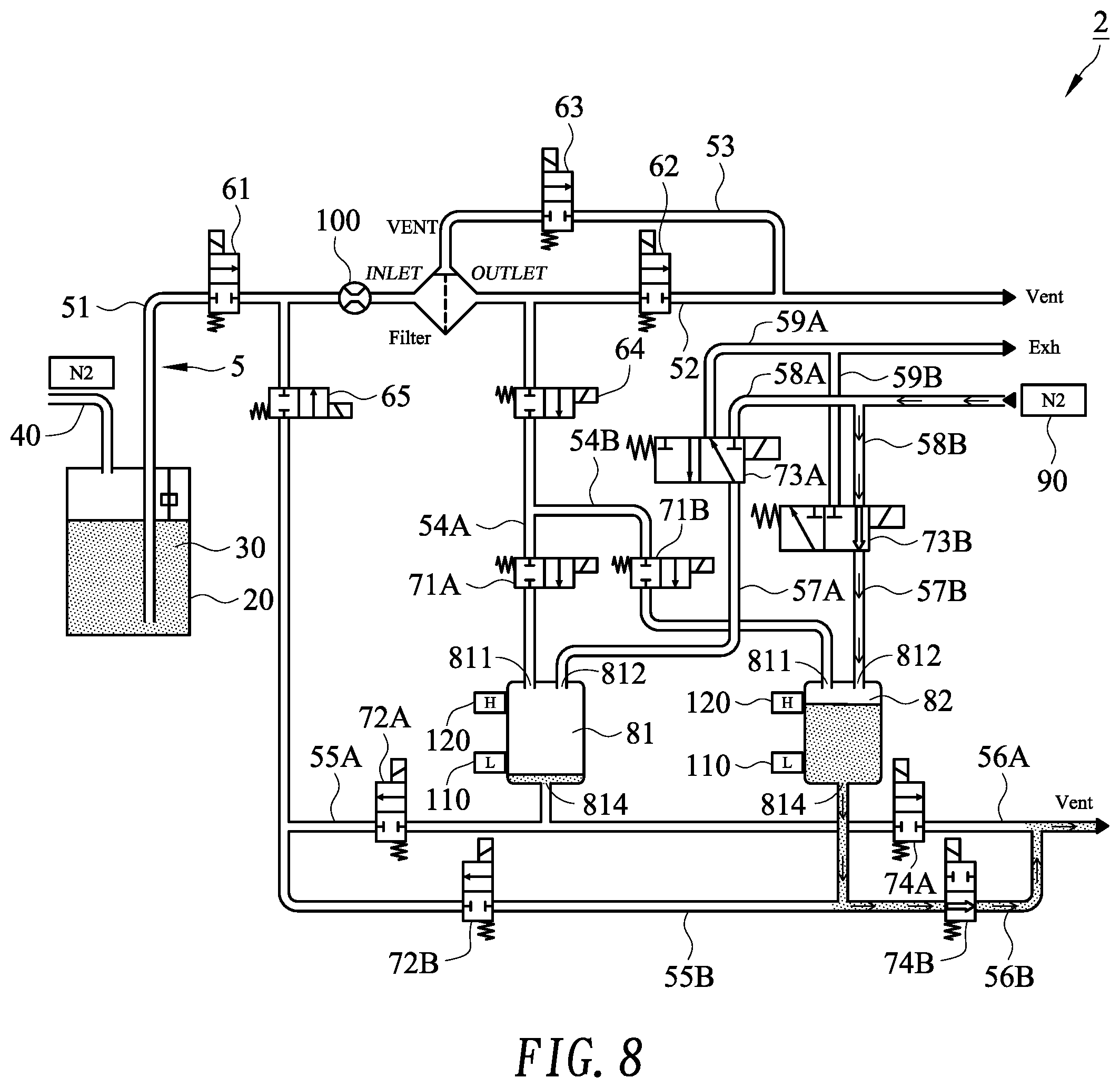 Patent US12350609 Figure 8 – Pre-wet system having pneumatic circulation