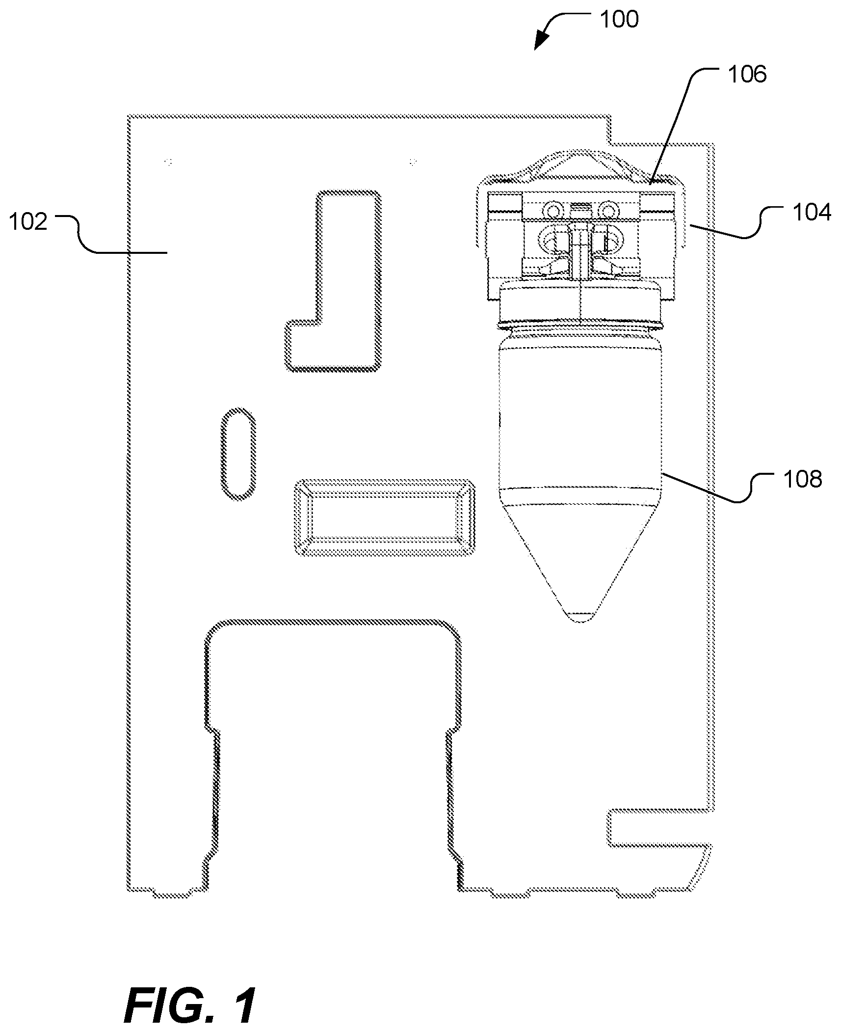 Patent US12350679 Figure 1 – Fluid interface to receive removable container