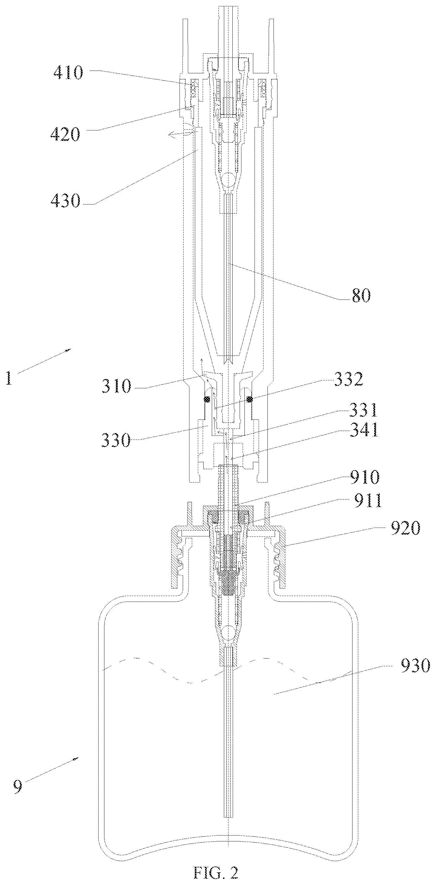 Patent US12350691 Figure 2 – Bottom-fillable spray bottle