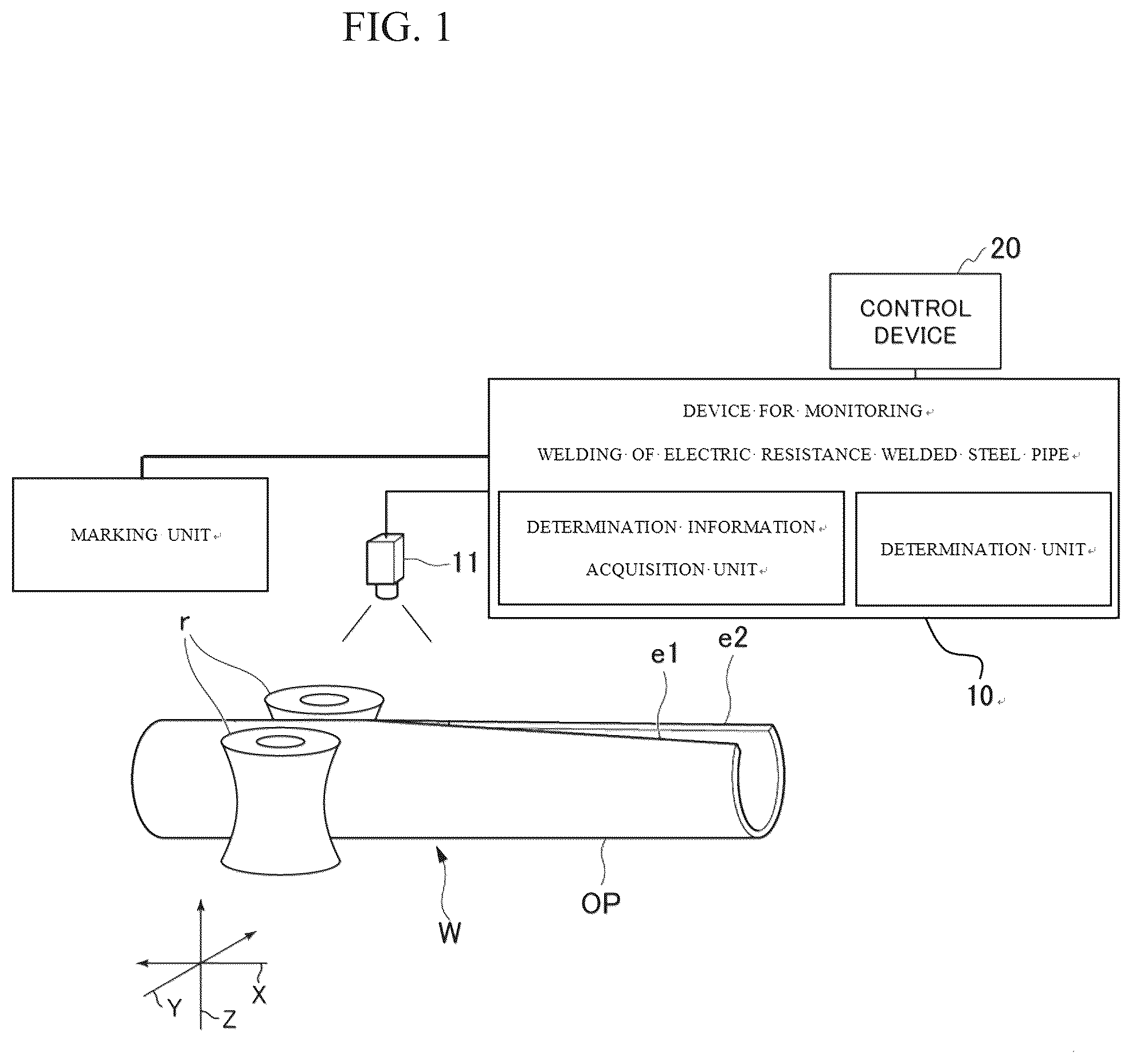 Patent US12350753 — Method for monitoring welding of electric resistance welded steel pipe, method for manufacturing electric resistance welded steel pipe, device for monitoring welding of electric resistance welded steel pipe, and device for manufacturing electric resistance welded steel pipe — Figure 1