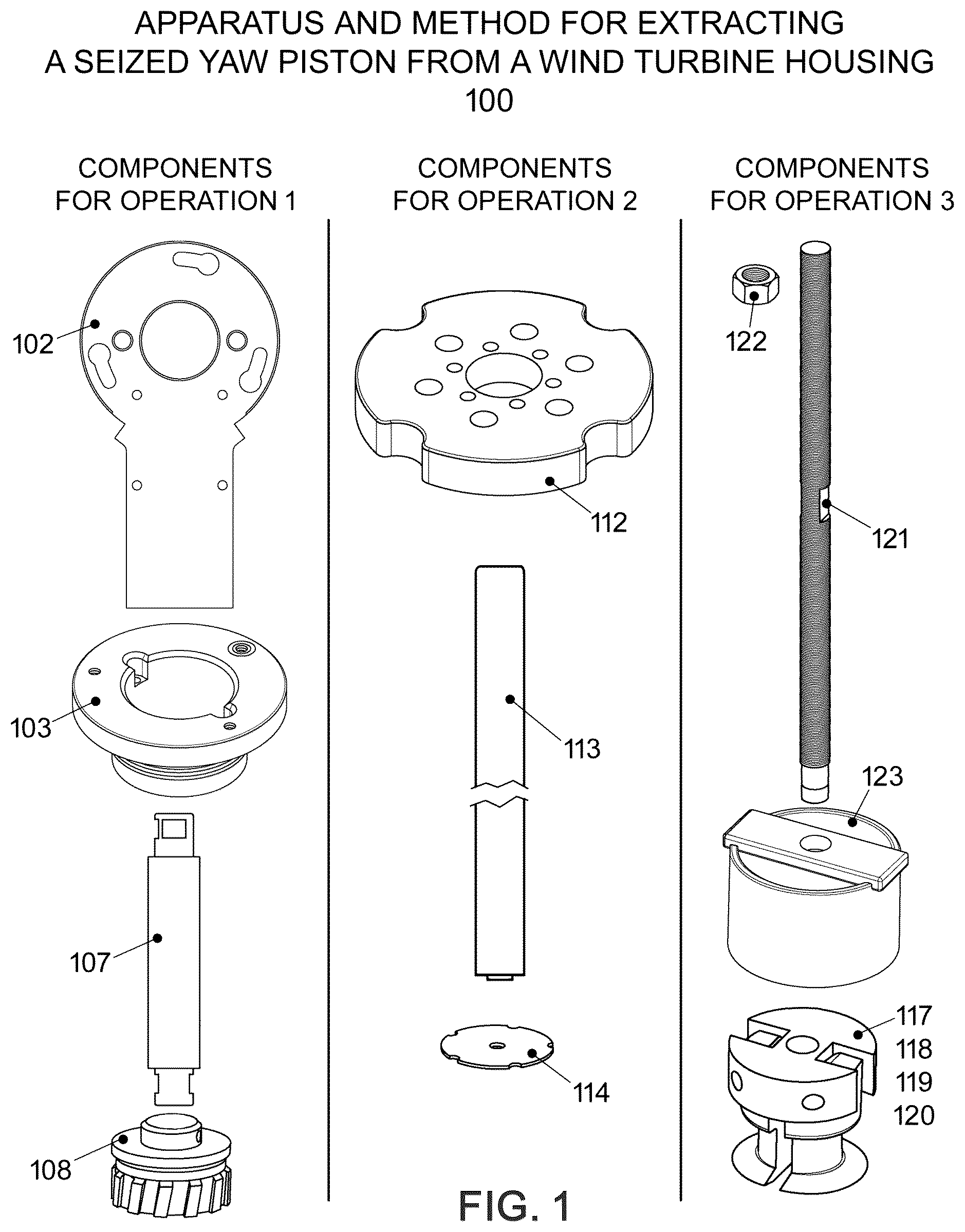 Patent US12350772 Figure 1 – Apparatus and method for extracting a seized yaw piston from a wind turbine housing