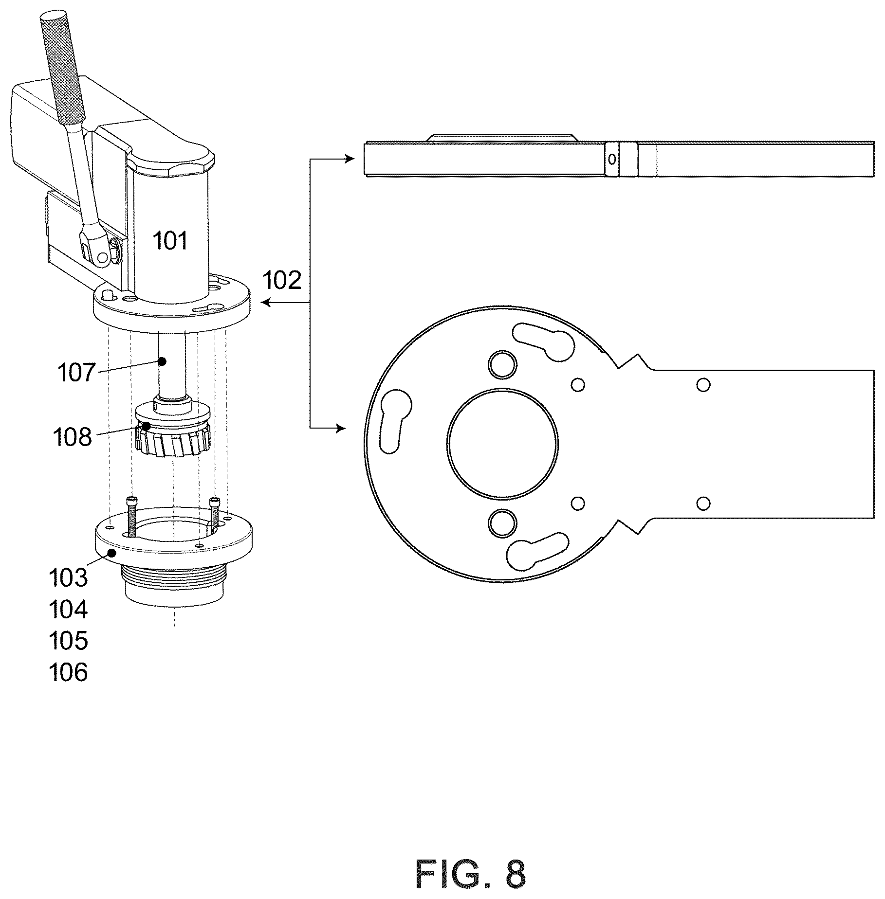Patent US12350772 Figure 8 – Apparatus and method for extracting a seized yaw piston from a wind turbine housing