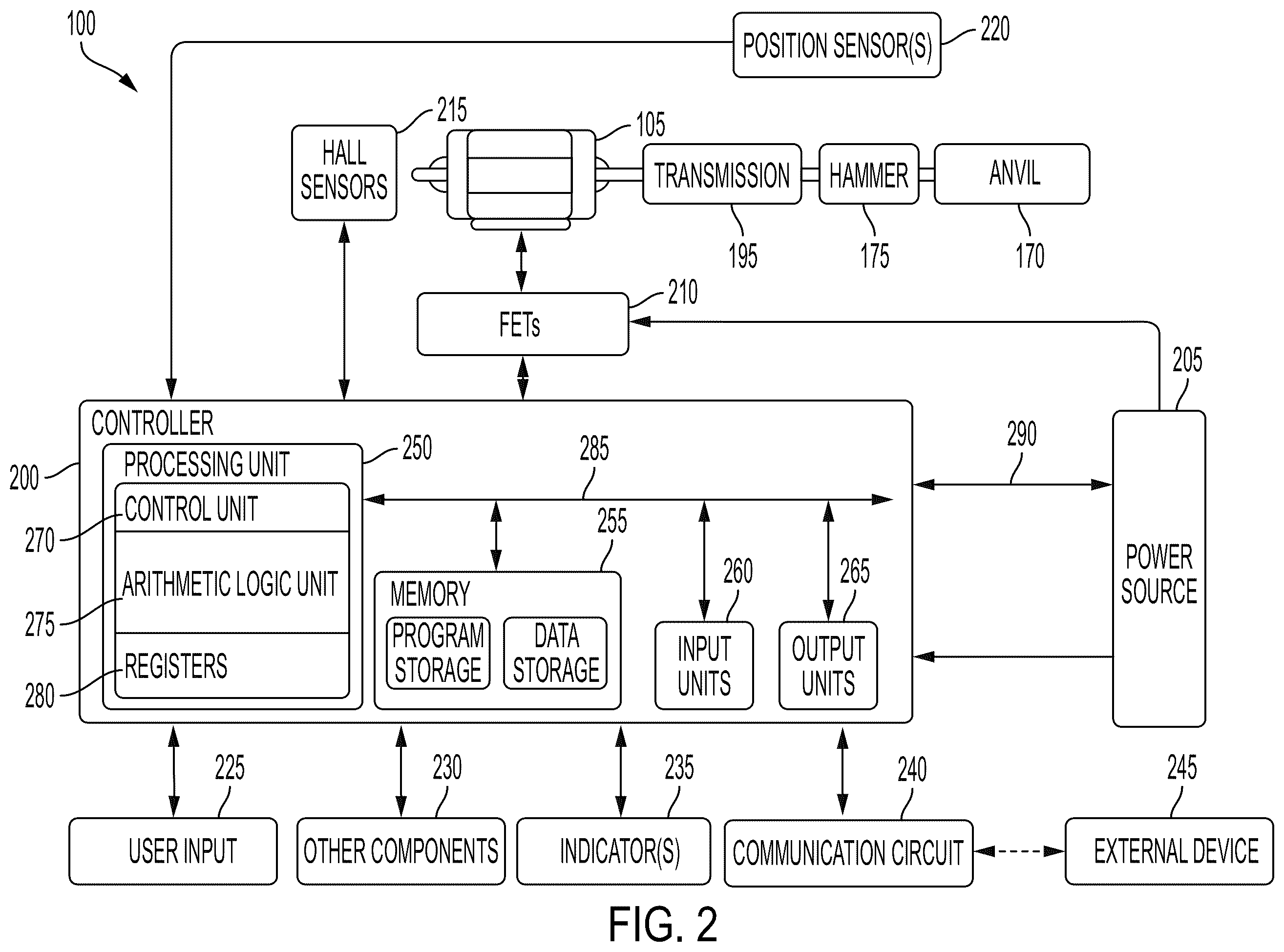 Patent US12350795 Figure 2 – Power tool component position sensing