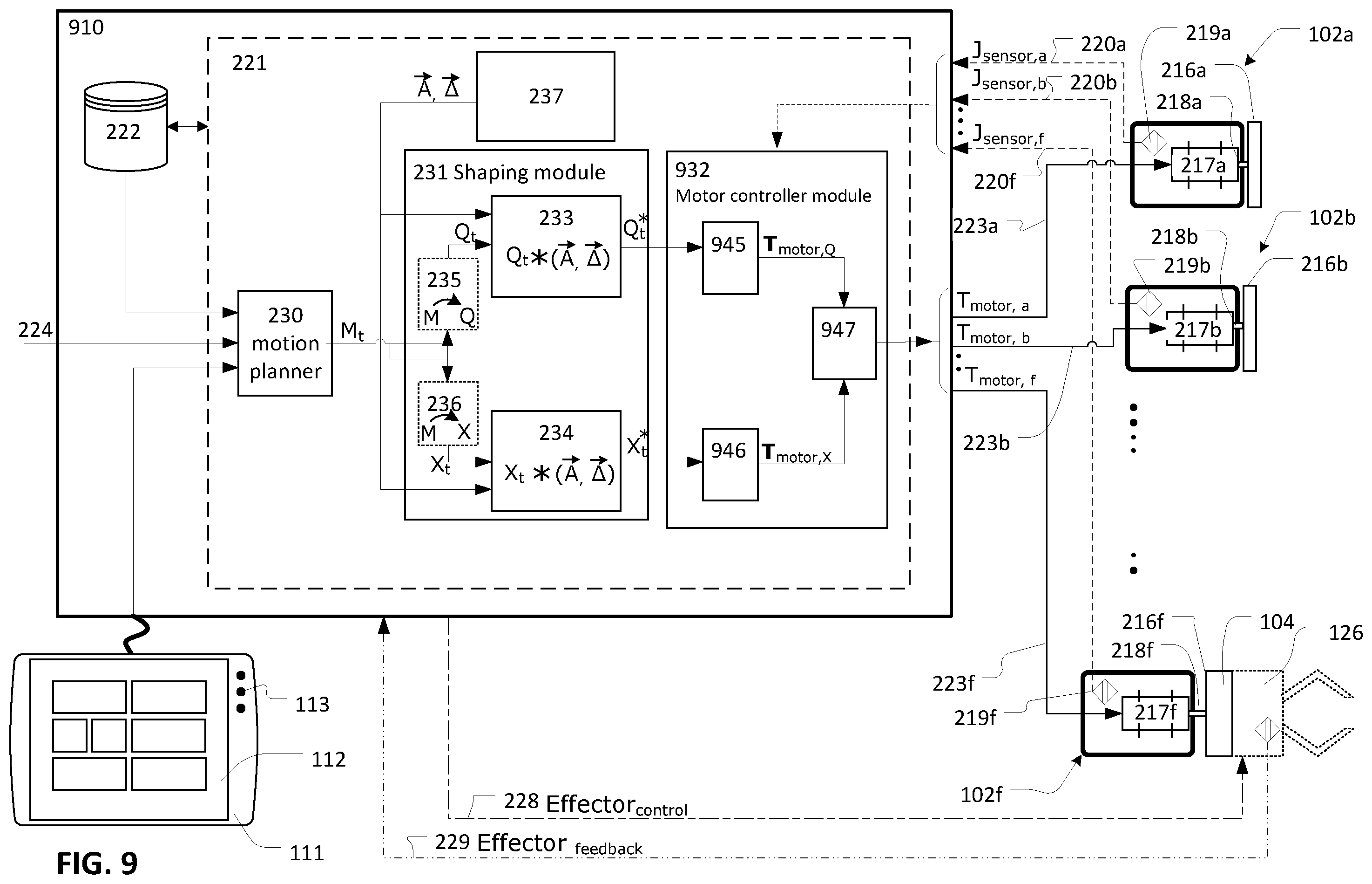 Patent US12350838 Figure 9 – Input shaping control of a robot arm in different reference spaces