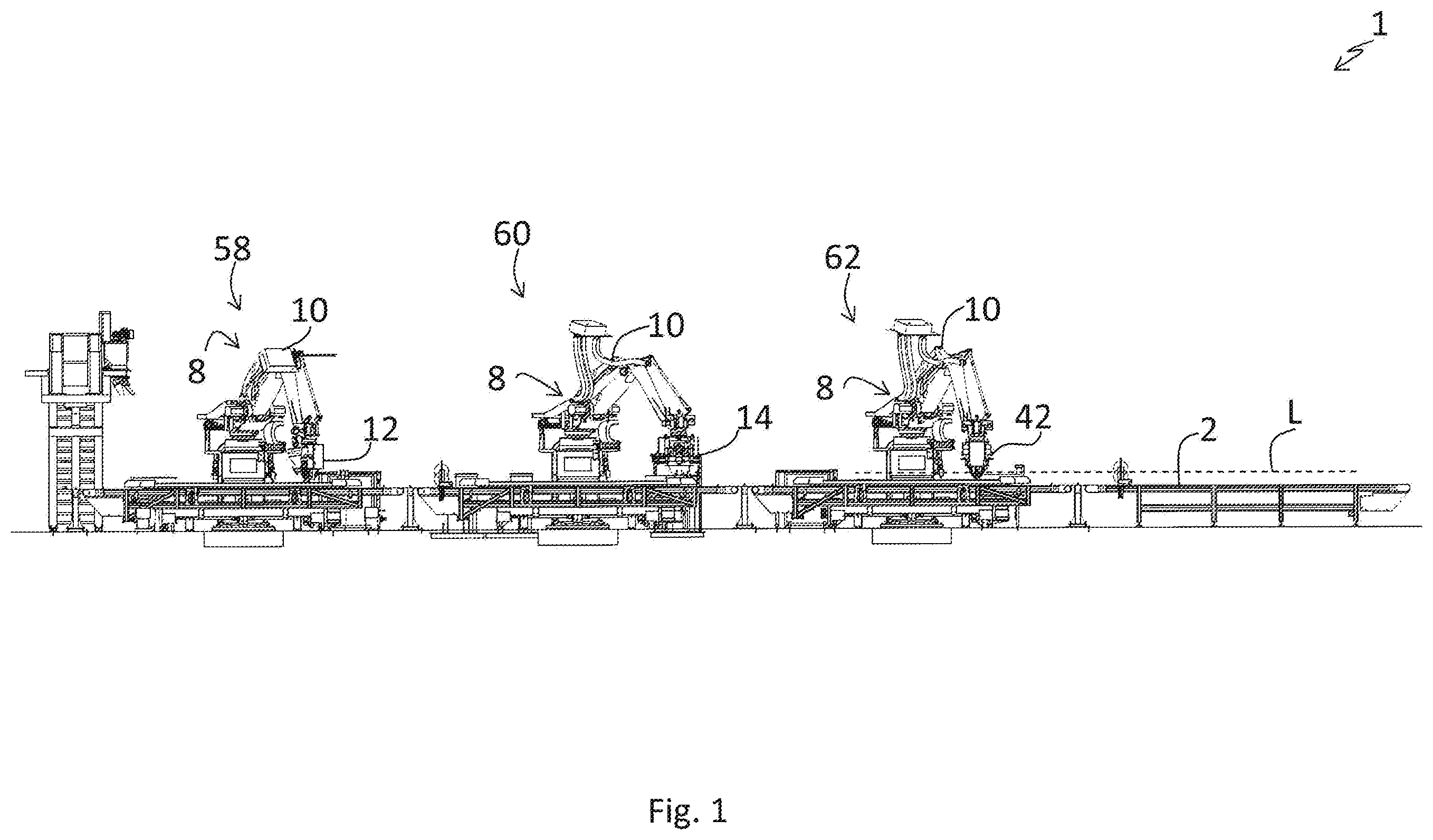 Patent US12350859 Figure 1 – Method, robot island and apparatus for manufacturing slabs made of conglomerate of stone and/or ceramic material with veined effect