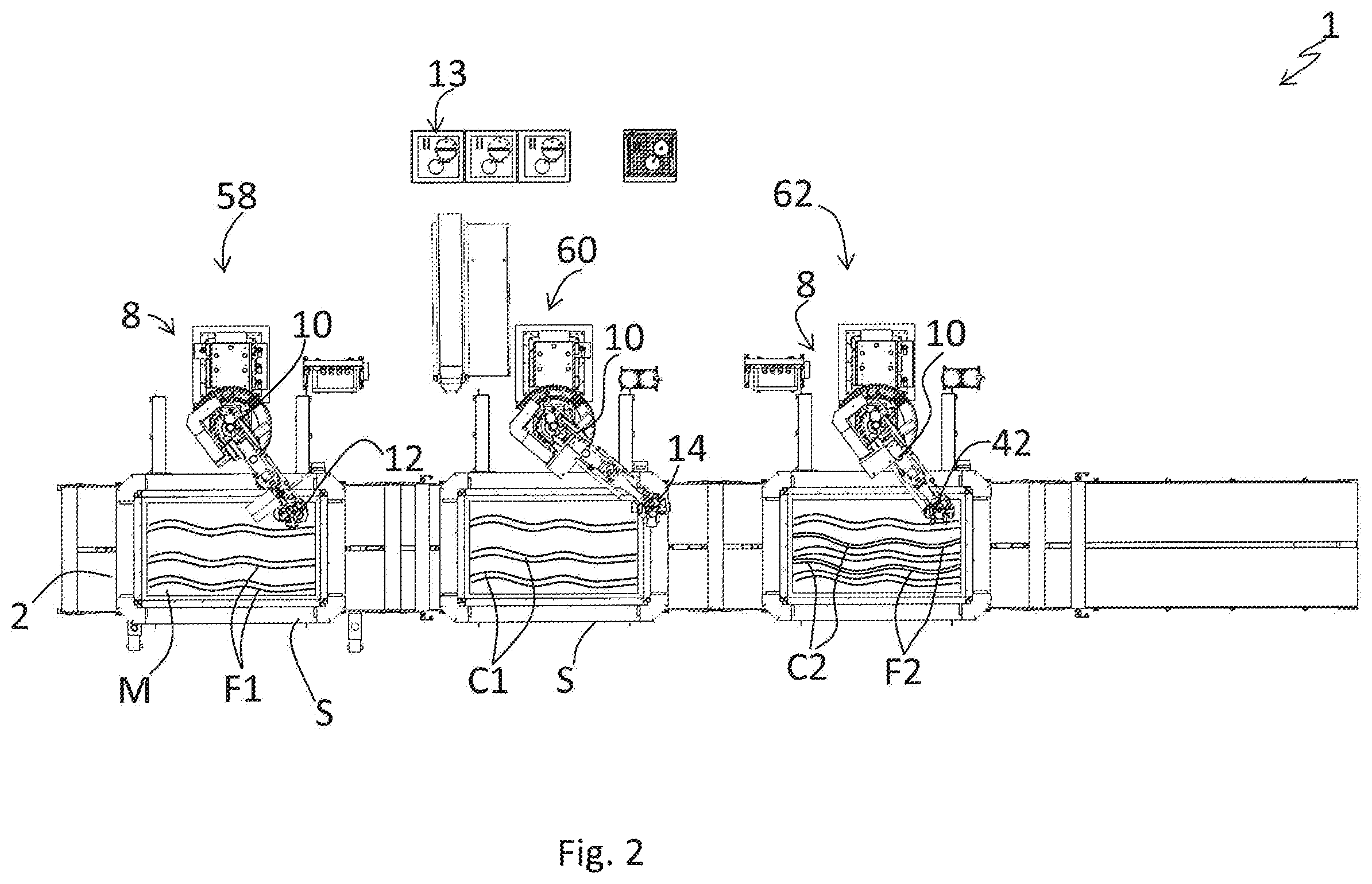 Patent US12350859 Figure 2 – Method, robot island and apparatus for manufacturing slabs made of conglomerate of stone and/or ceramic material with veined effect