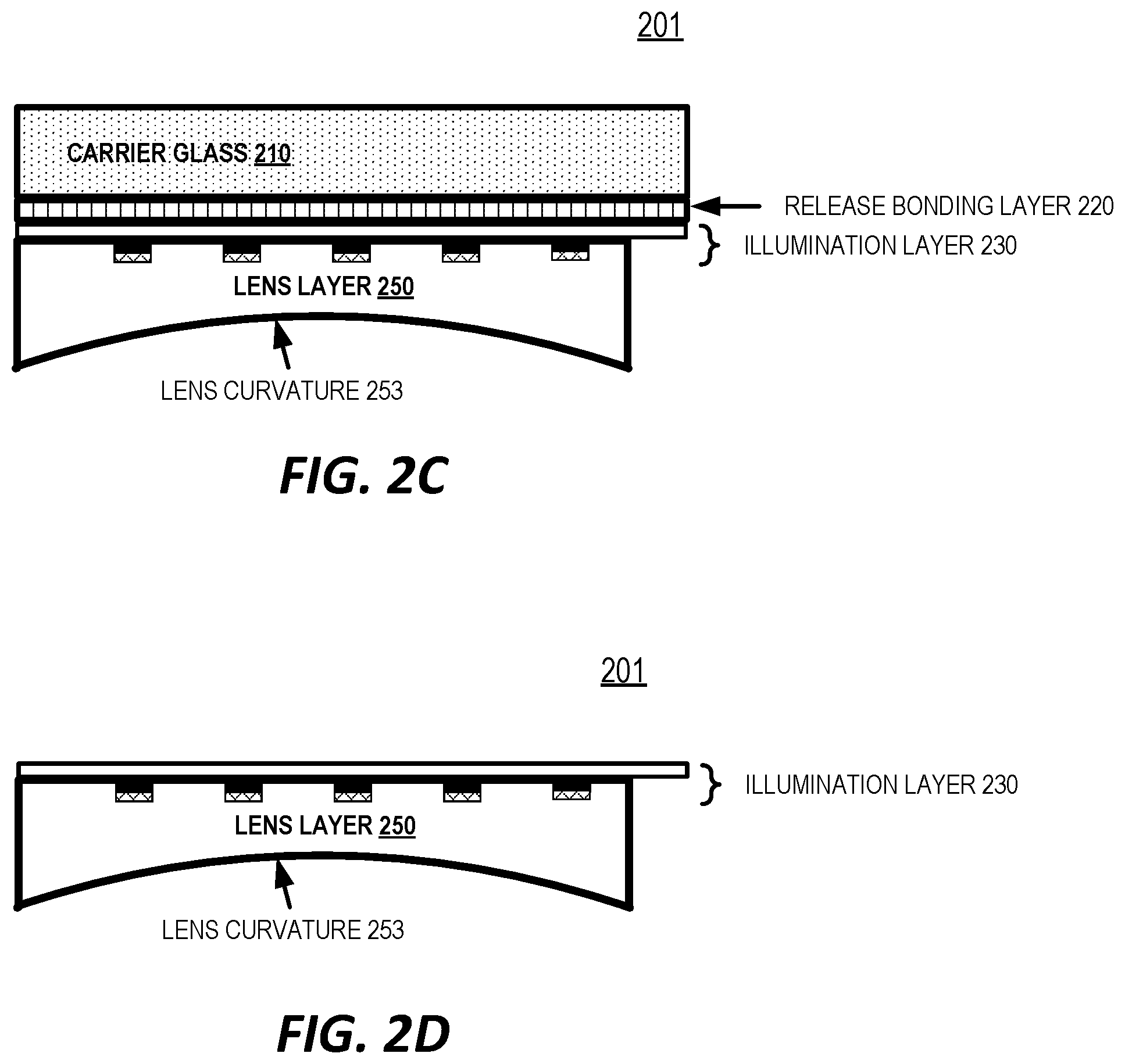 Patent US12350897 Figure 3 – Optical component with illumination layer and lens curvature