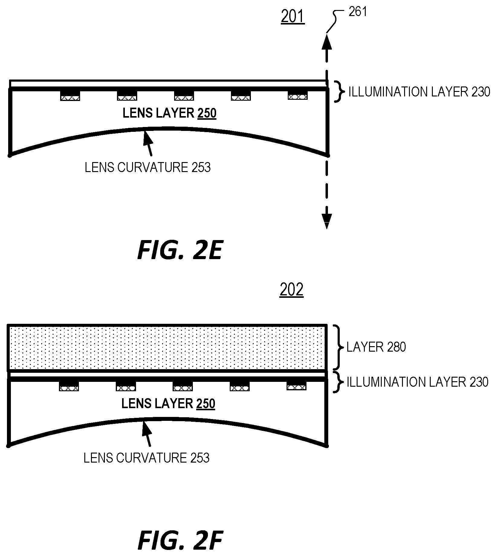 Patent US12350897 Figure 4 – Optical component with illumination layer and lens curvature