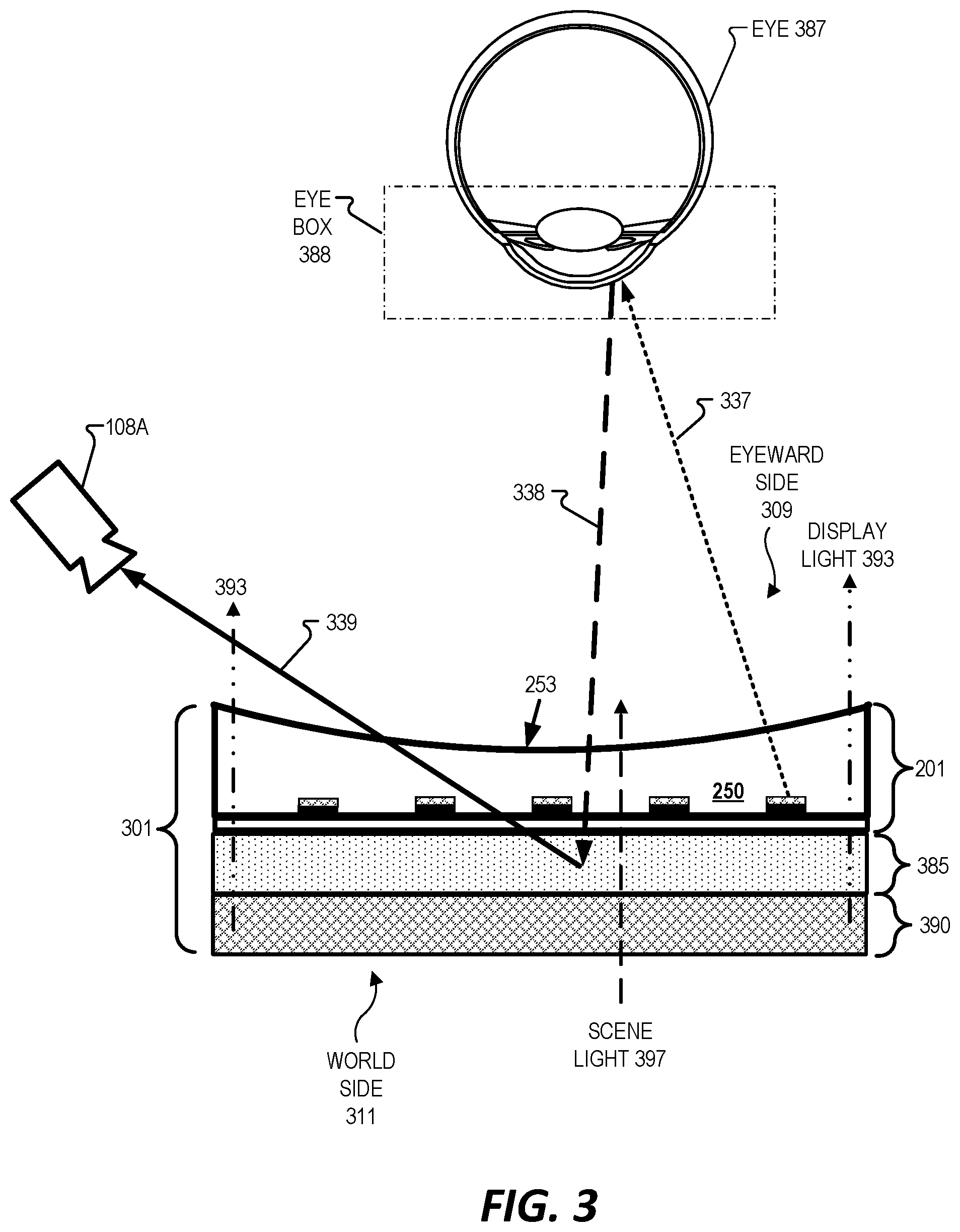 Patent US12350897 Figure 5 – Optical component with illumination layer and lens curvature