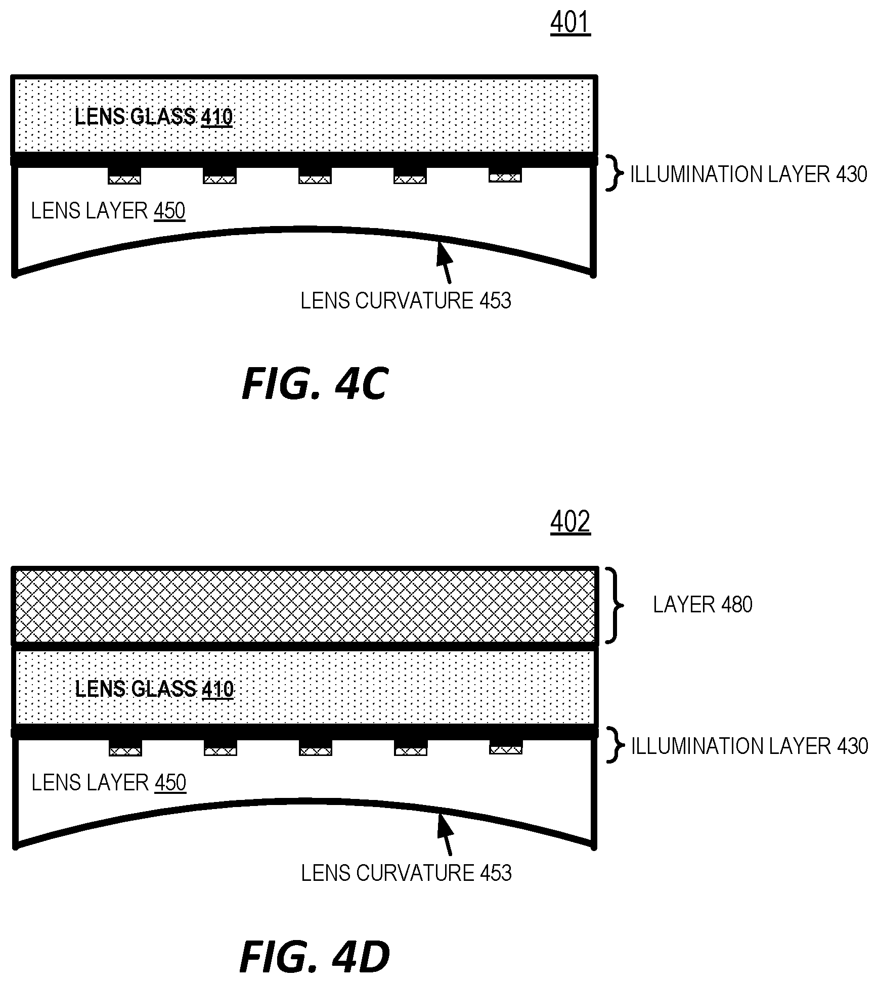 Patent US12350897 Figure 7 – Optical component with illumination layer and lens curvature