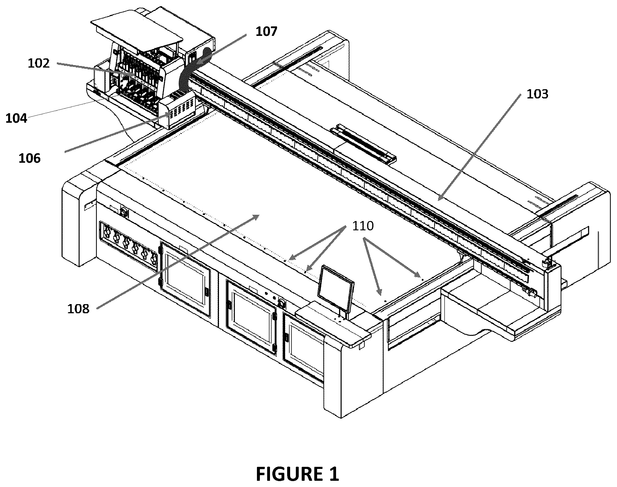 Patent US12350928 Figure 1 – Flatbed printer with integrated creasing and cutting