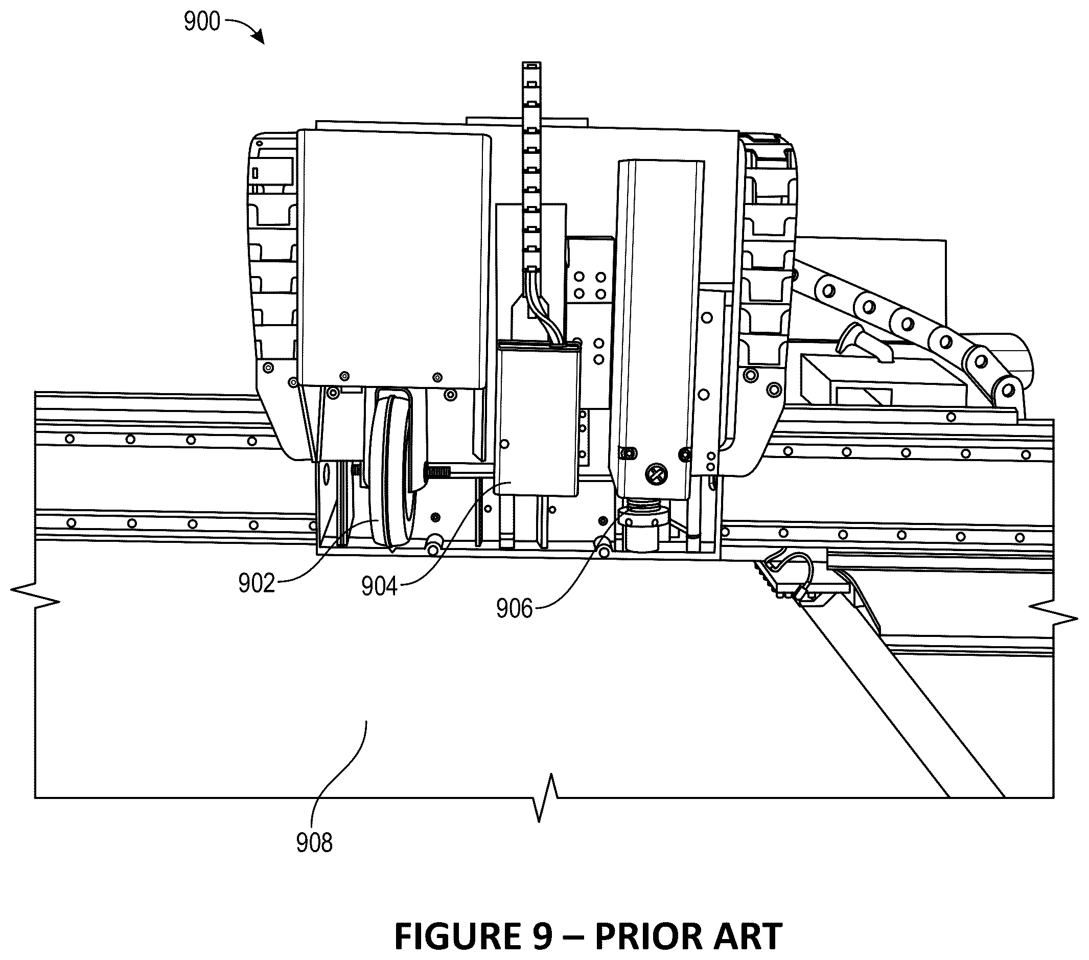 Patent US12350928 Figure 9 – Flatbed printer with integrated creasing and cutting