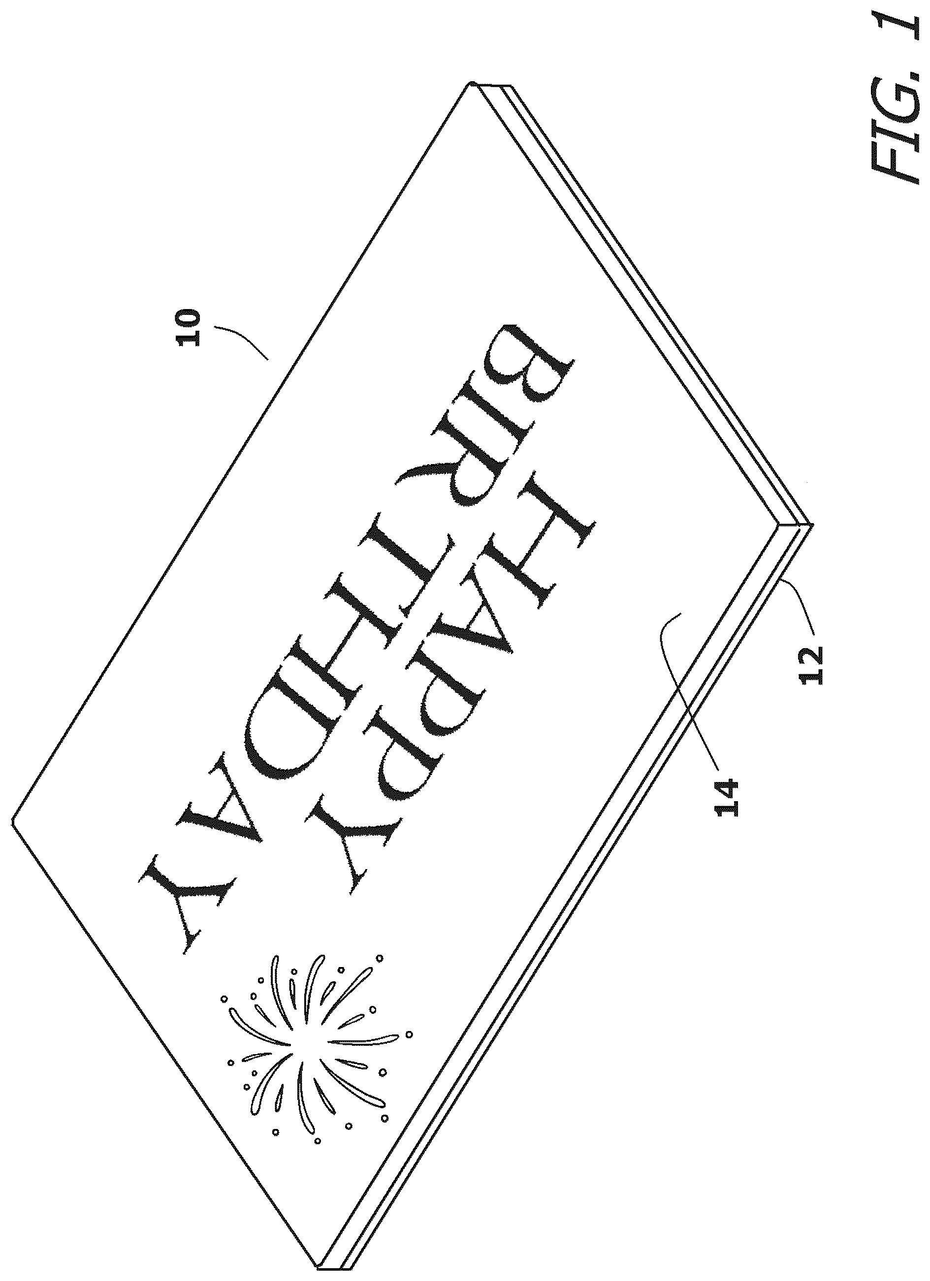 Patent US12350949 Figure 1 – Greeting card assembly with simulated background fireworks
