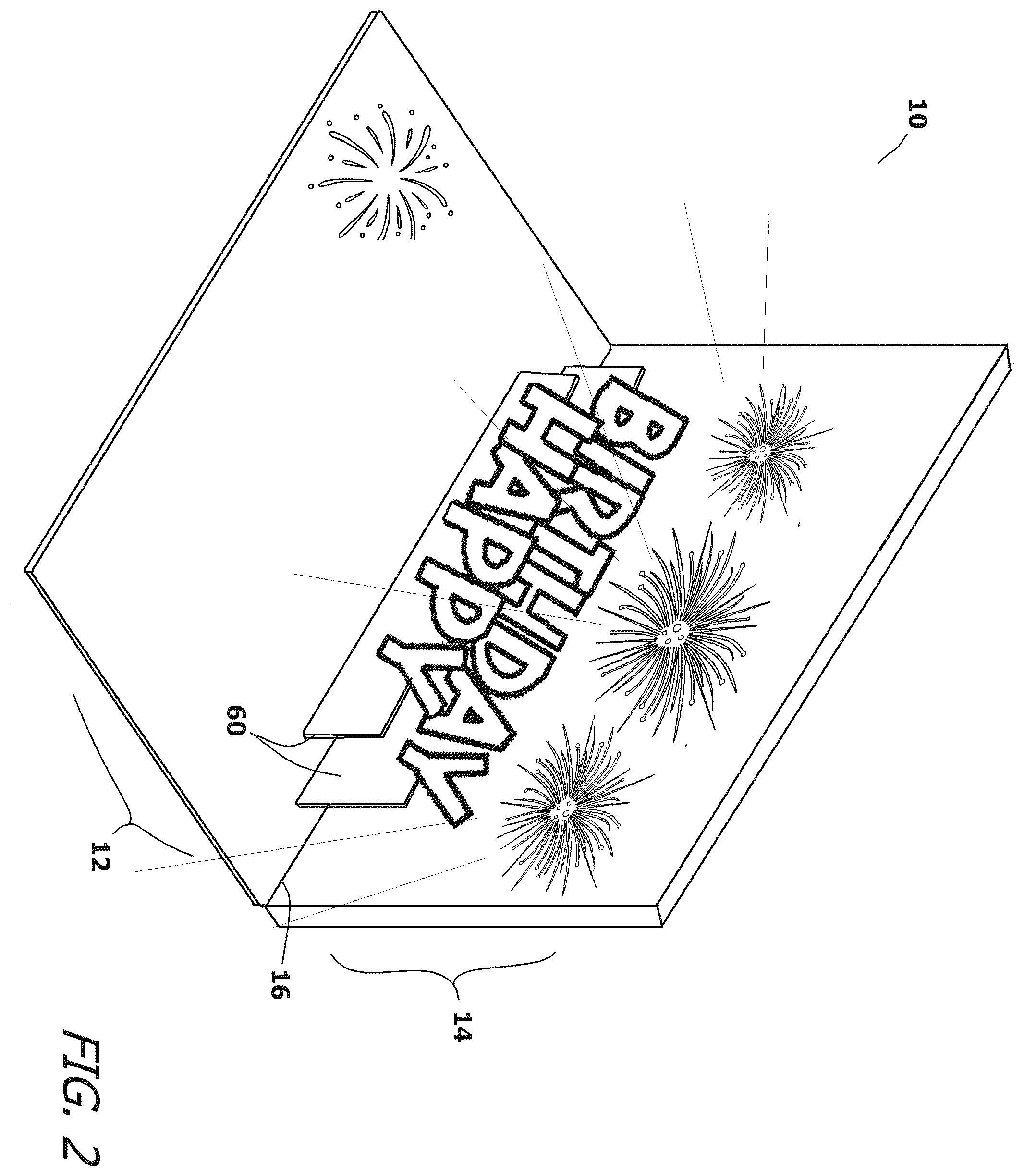 Patent US12350949 Figure 2 – Greeting card assembly with simulated background fireworks