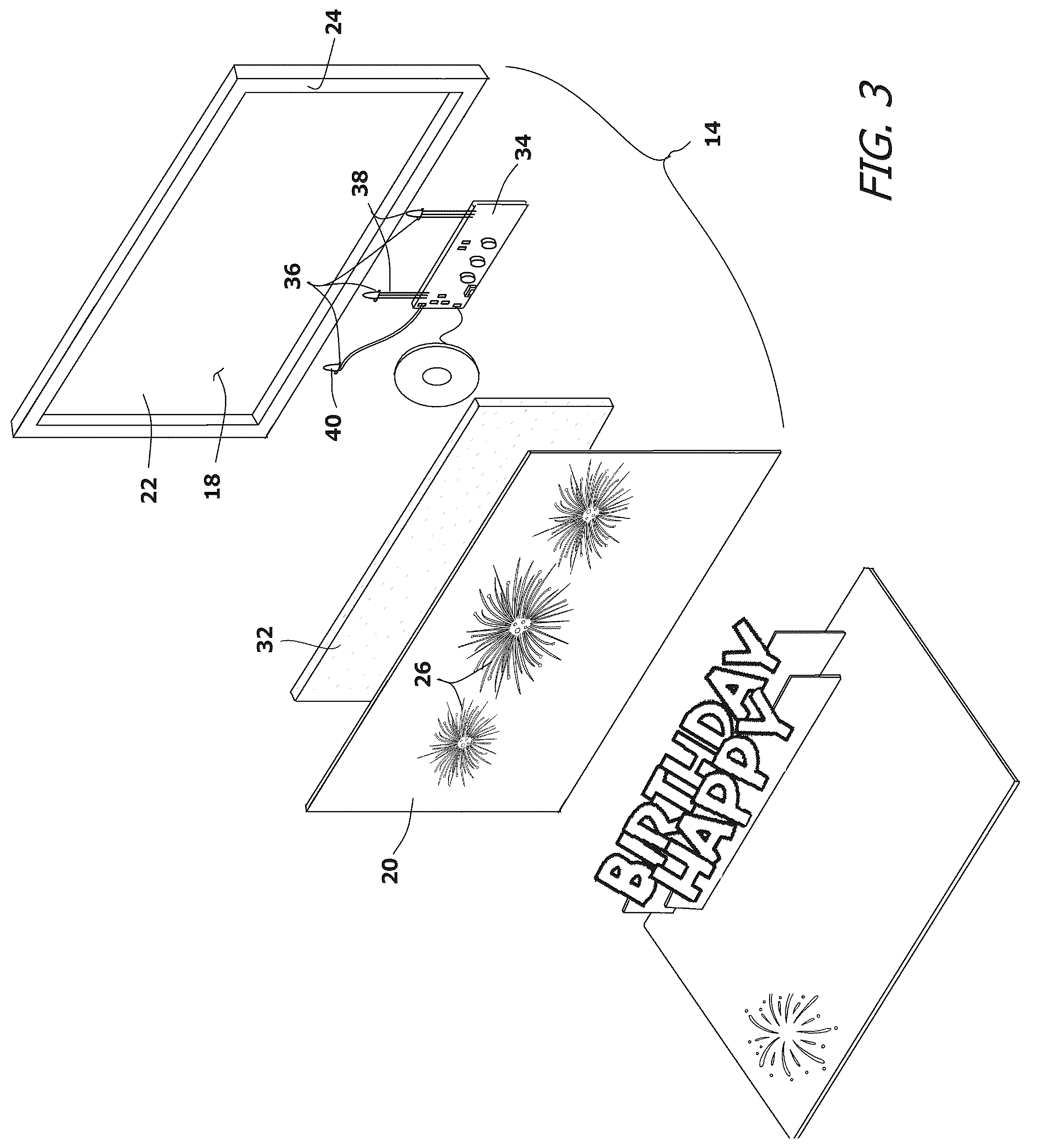 Patent US12350949 Figure 3 – Greeting card assembly with simulated background fireworks