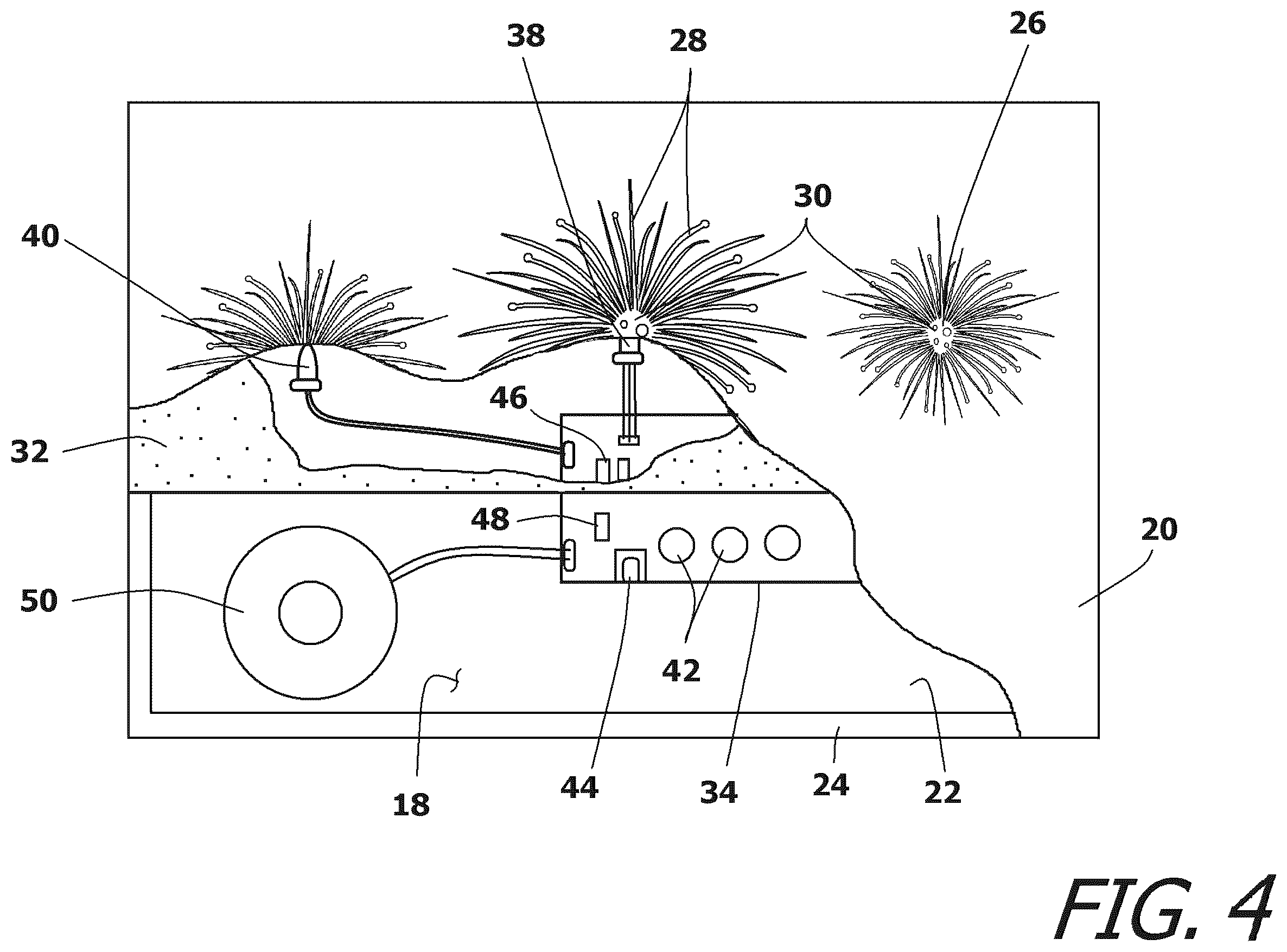 Patent US12350949 Figure 4 – Greeting card assembly with simulated background fireworks