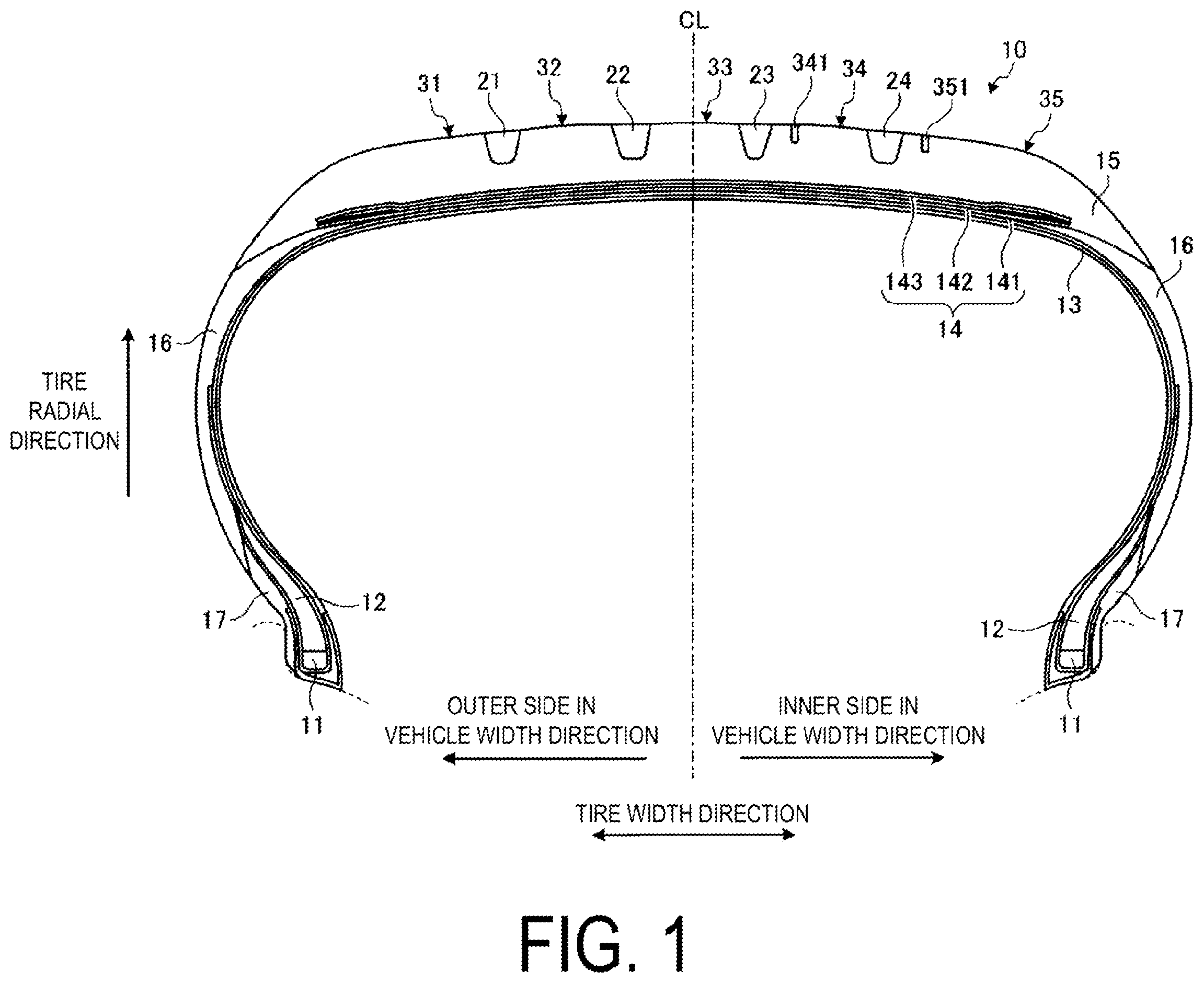 Patent US12350969 Figure 1 – Pneumatic tire