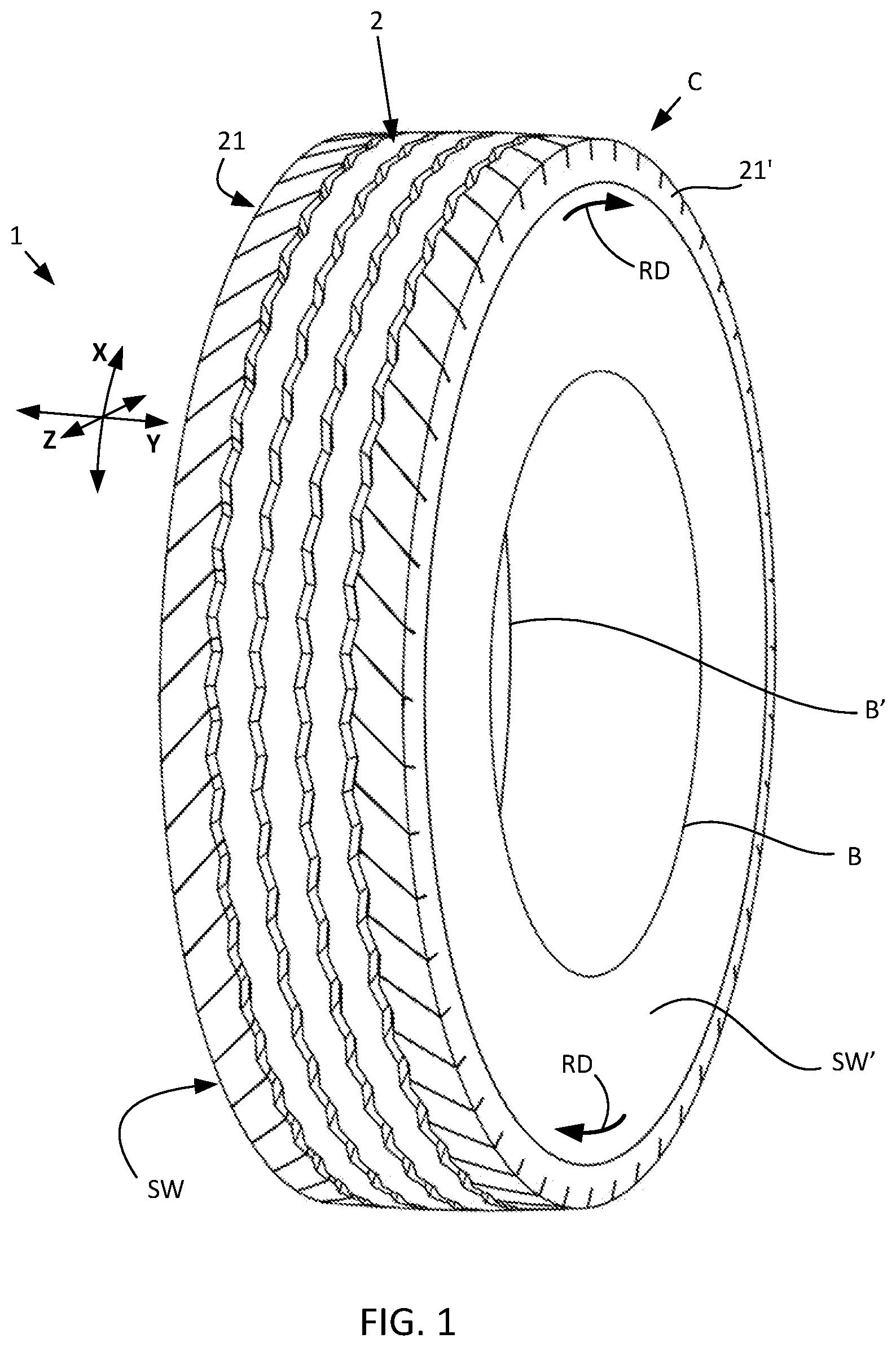 Patent US12350970 Figure 1 – Heavy truck tire tread and heavy truck tire