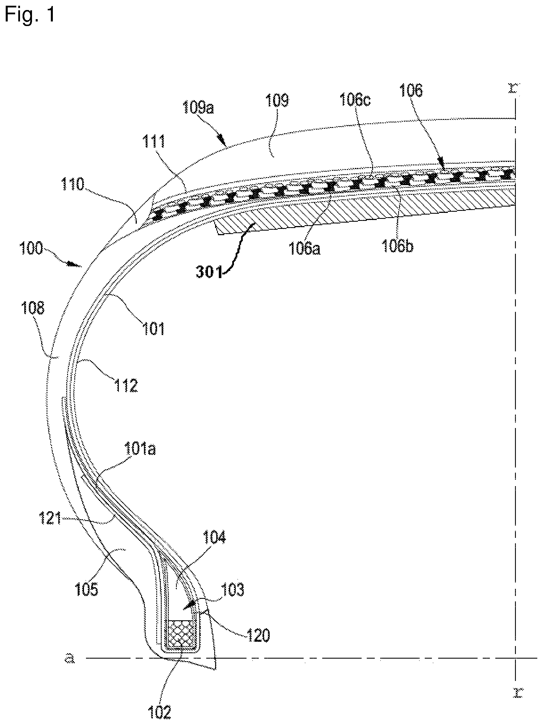 Patent US12350977 Figure 1 – Soundproof tyre for vehicle wheels