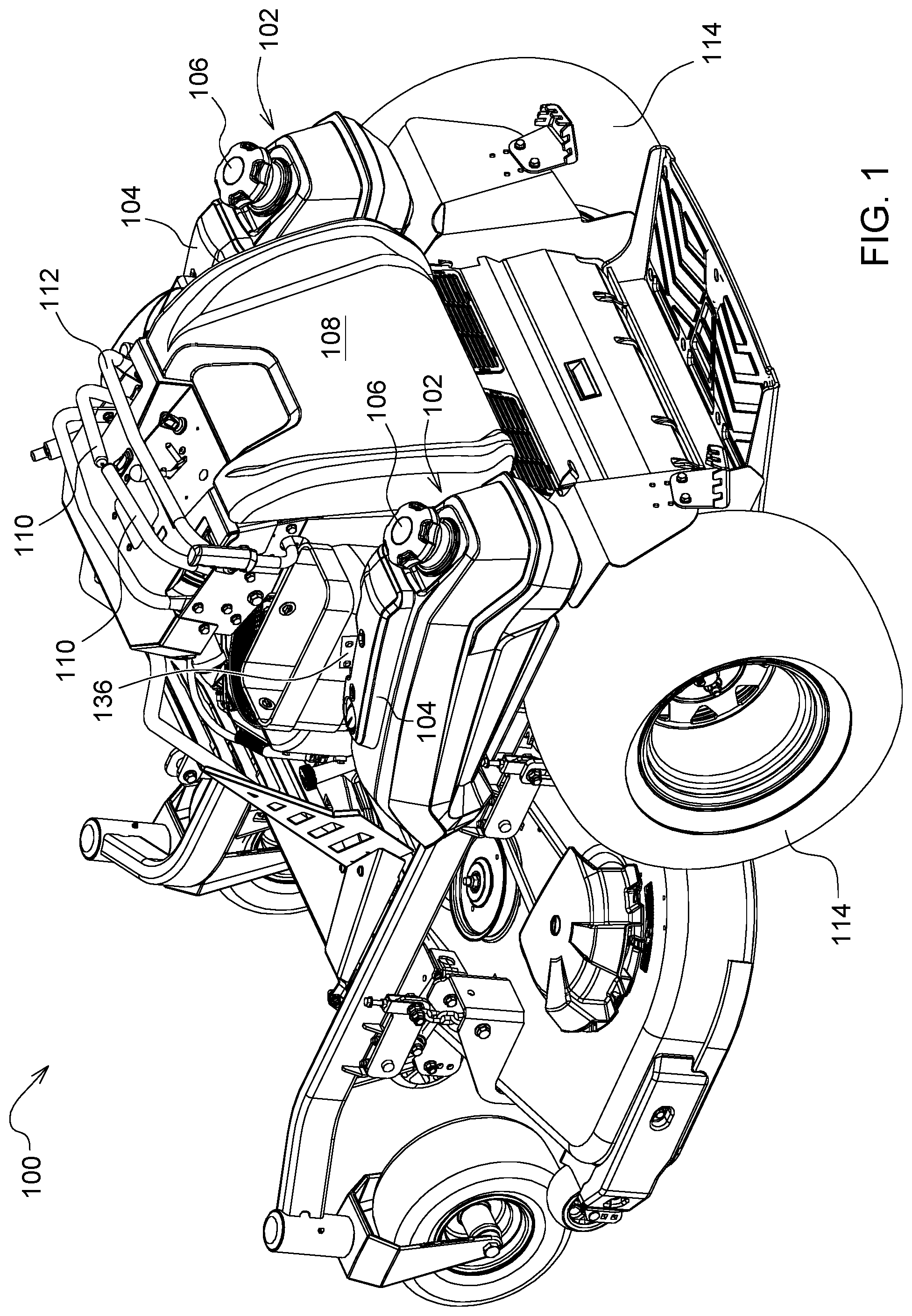 Patent US12351016 Figure 1 – Mounting brackets for mower fuel tank