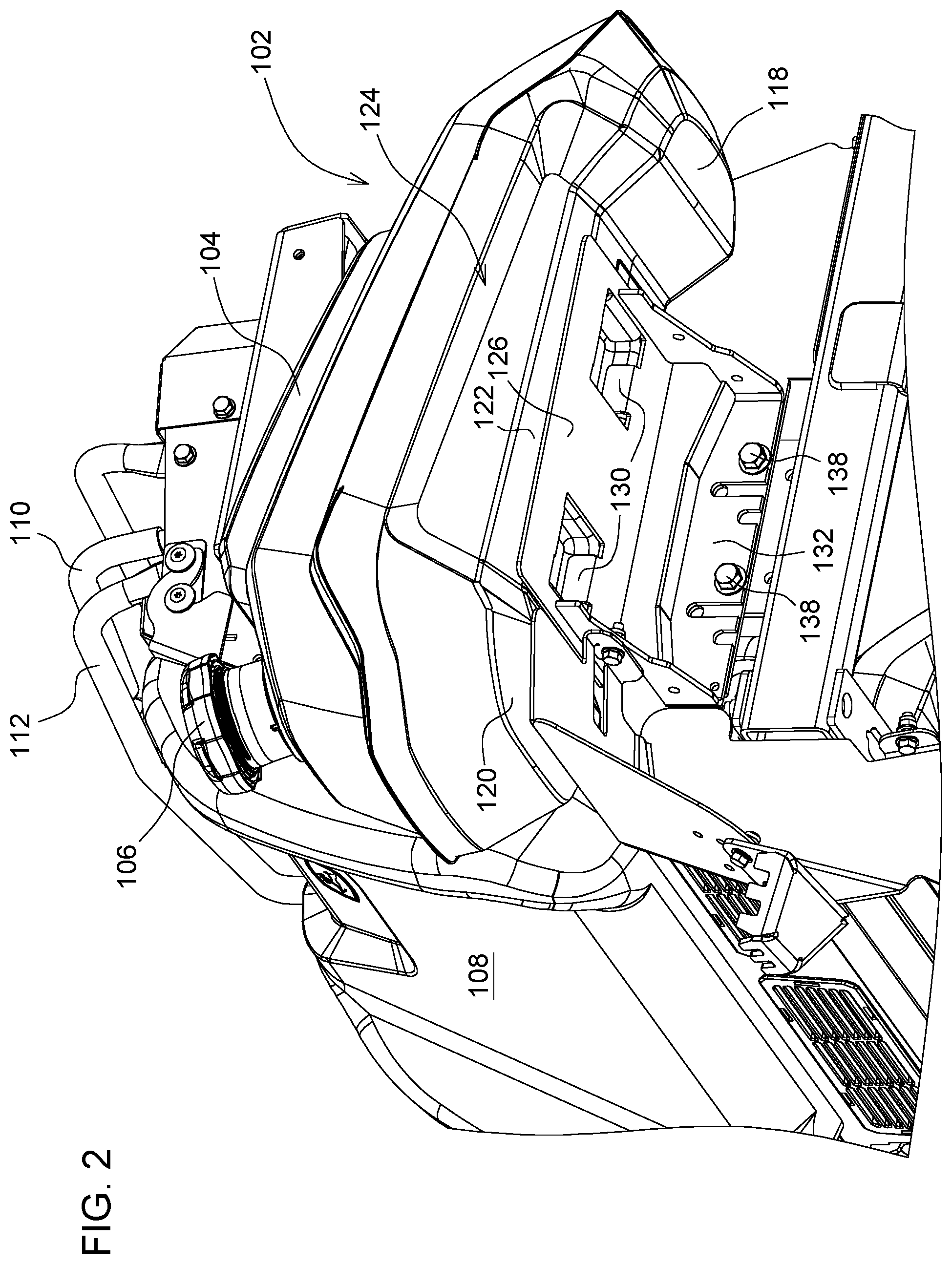 Patent US12351016 Figure 2 – Mounting brackets for mower fuel tank