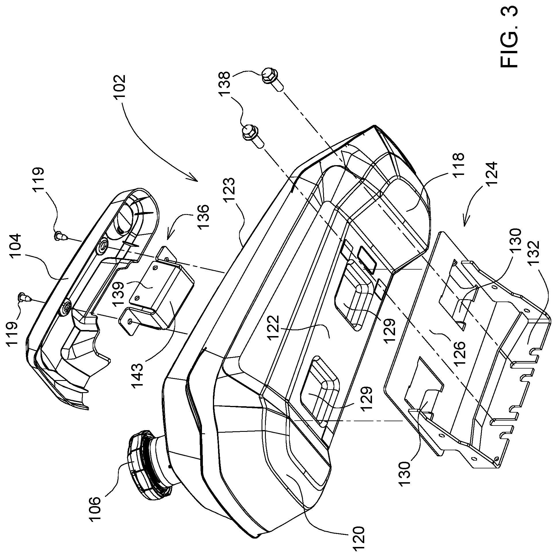 Patent US12351016 Figure 3 – Mounting brackets for mower fuel tank