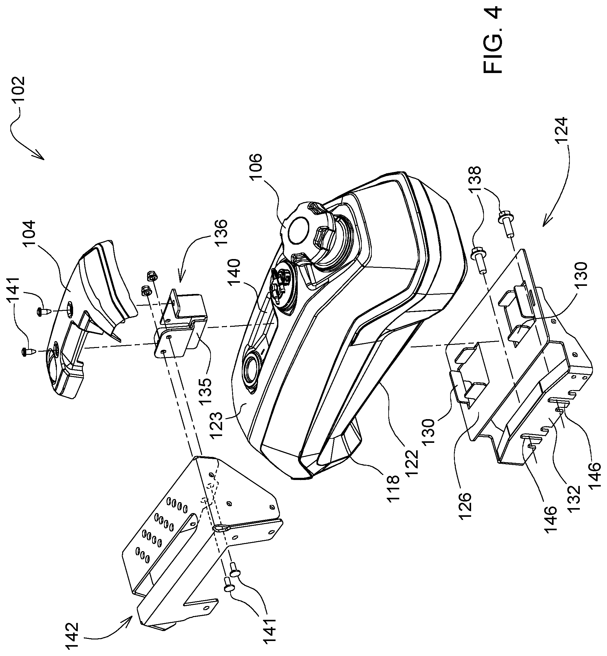 Patent US12351016 Figure 4 – Mounting brackets for mower fuel tank