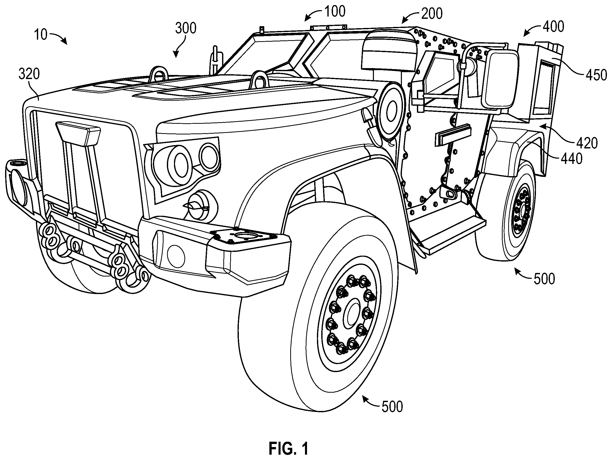 Patent US12351028 Figure 1 – Military vehicle with modular battery units