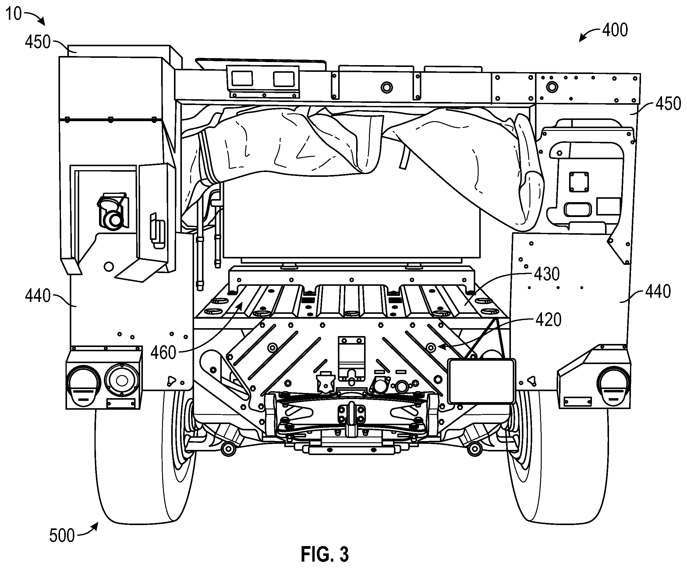 Patent US12351028 Figure 3 – Military vehicle with modular battery units