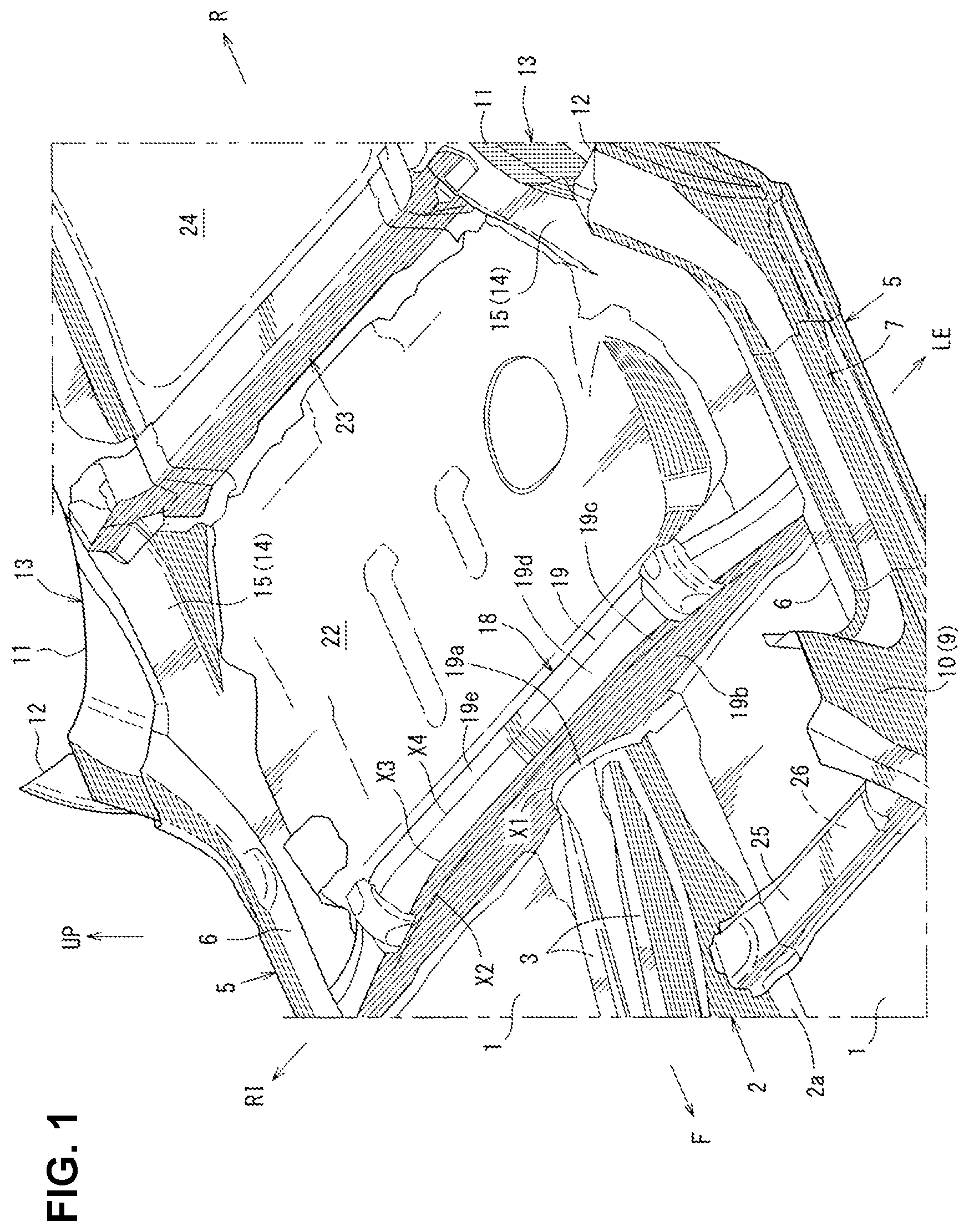 Patent US12351029 Figure 1 – Lower vehicle-body structure of vehicle