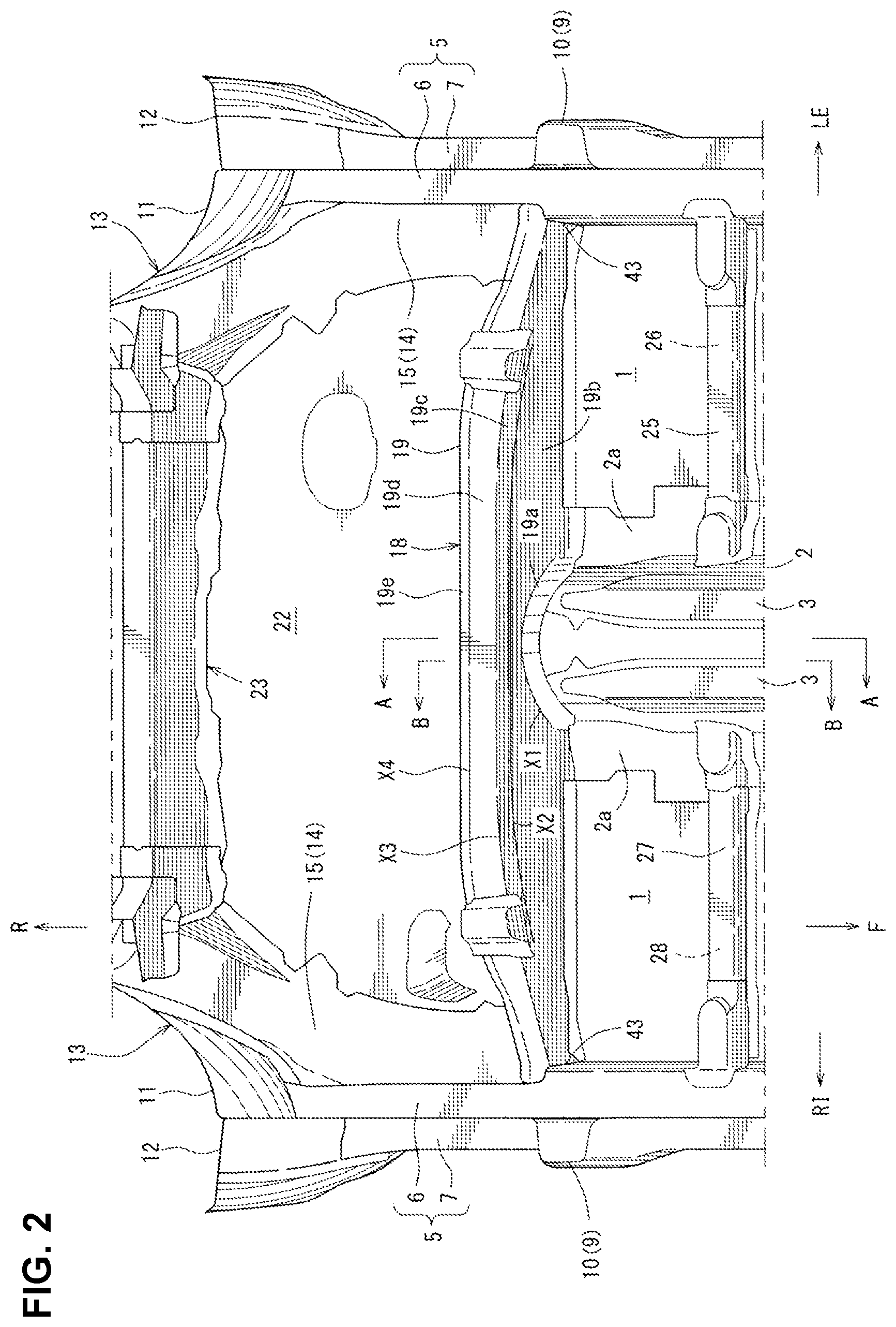 Patent US12351029 Figure 2 – Lower vehicle-body structure of vehicle
