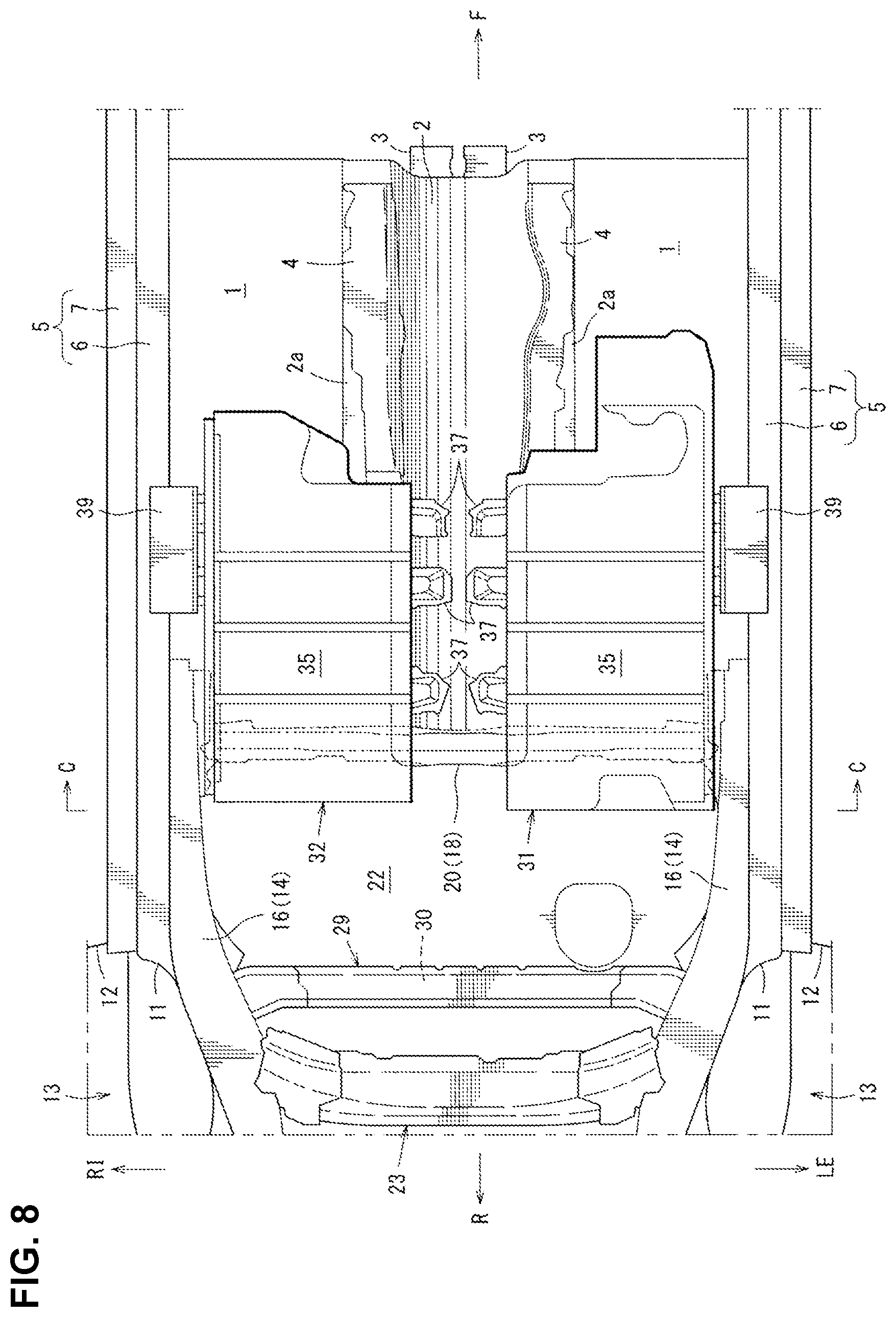 Patent US12351029 Figure 8 – Lower vehicle-body structure of vehicle