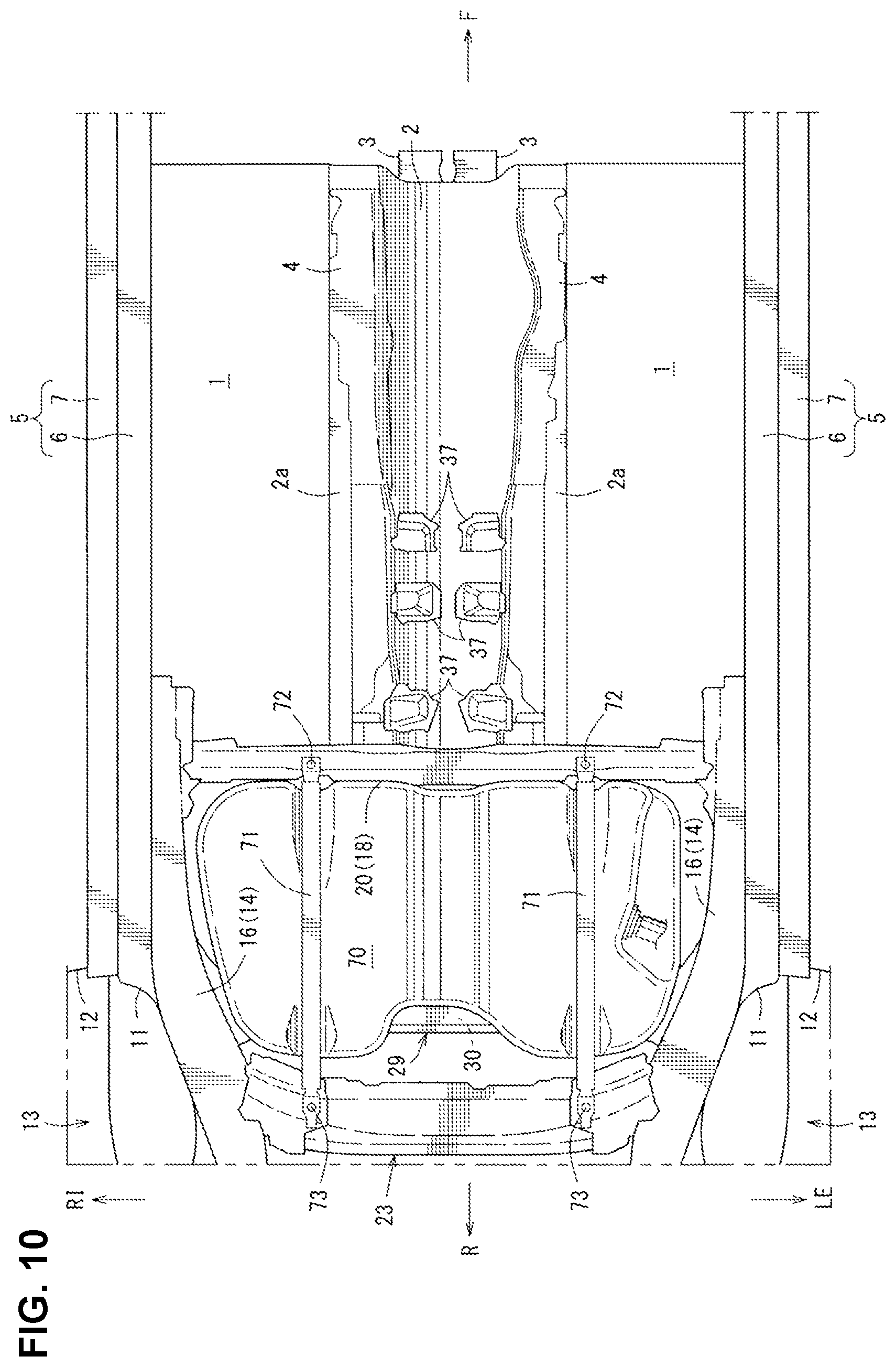 Patent US12351029 Figure 10 – Lower vehicle-body structure of vehicle