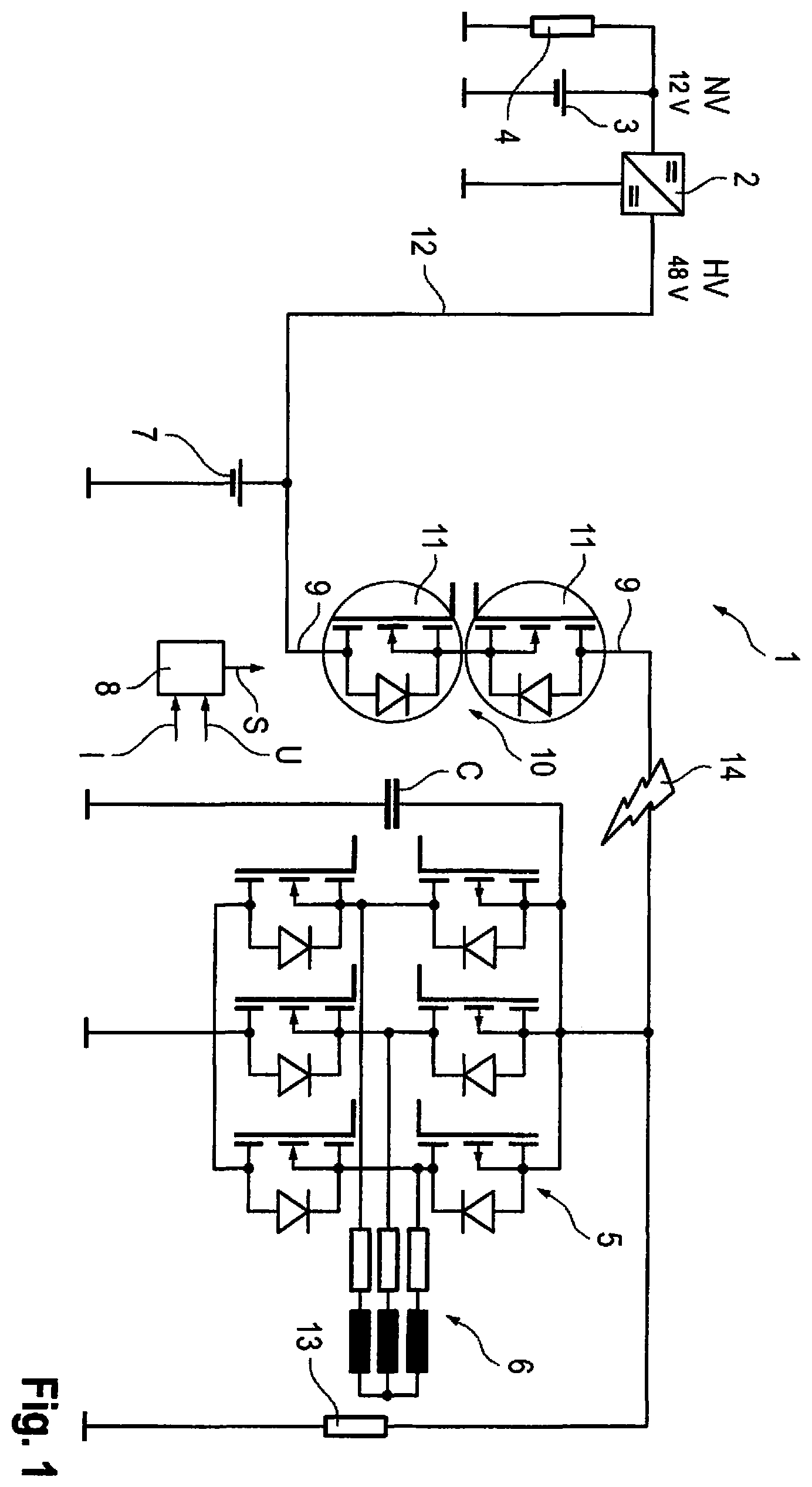 Patent US12351042 Figure 1 – Traction network and method for controlling a traction network of an electric or hybrid vehicle