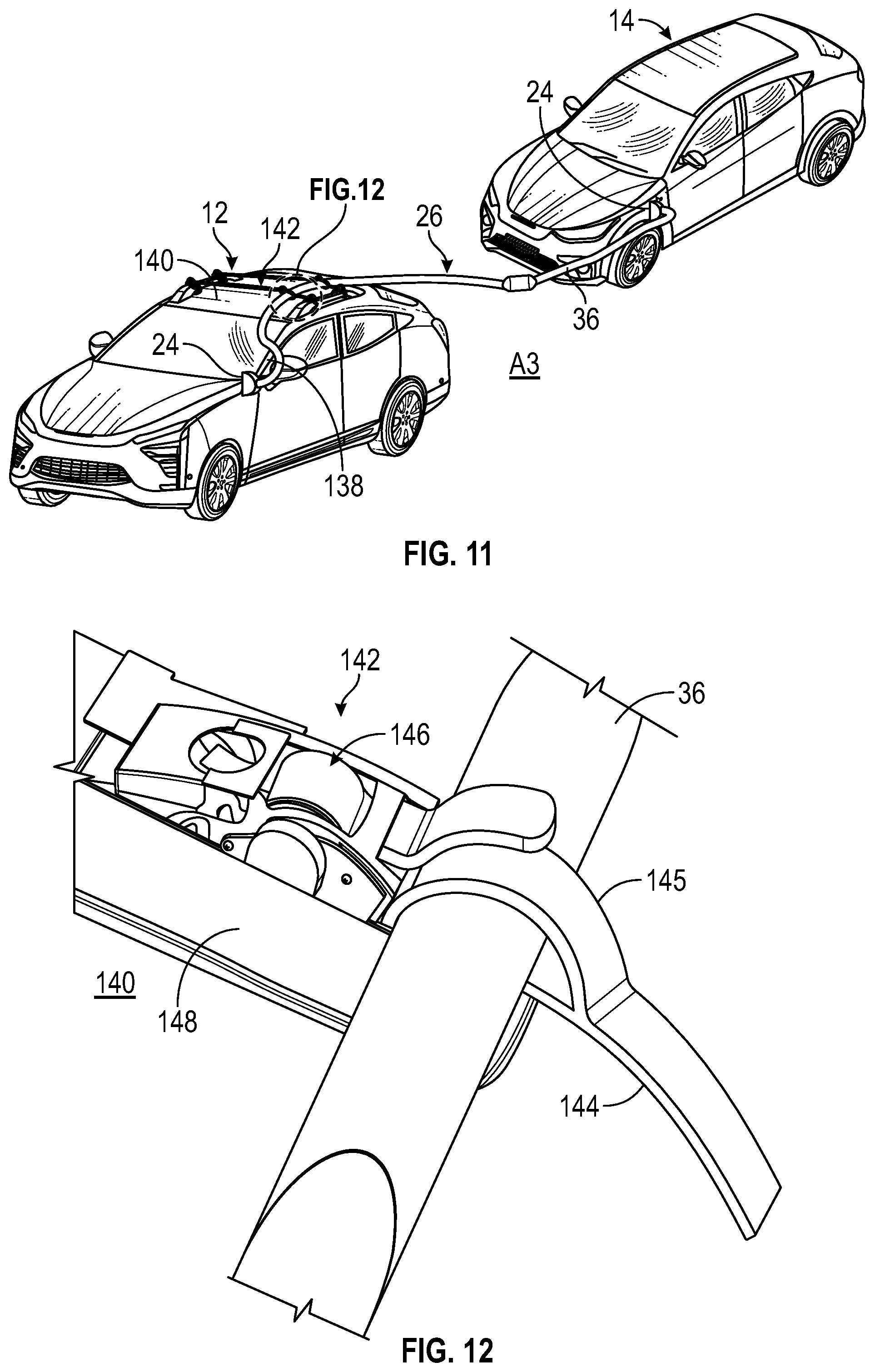 Patent US12351049 Figure 7 – Charging cord designs and routing configurations for use during in-flight bidirectional charging of electrified vehicles