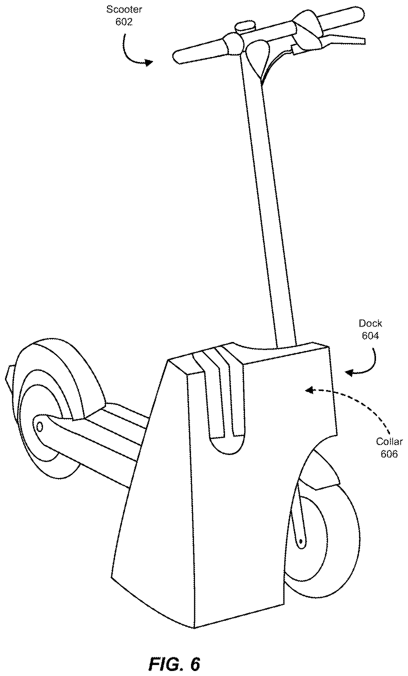 Patent US12351053 Figure 6 – Apparatus, systems, and methods for charging personal mobility vehicles via docks
