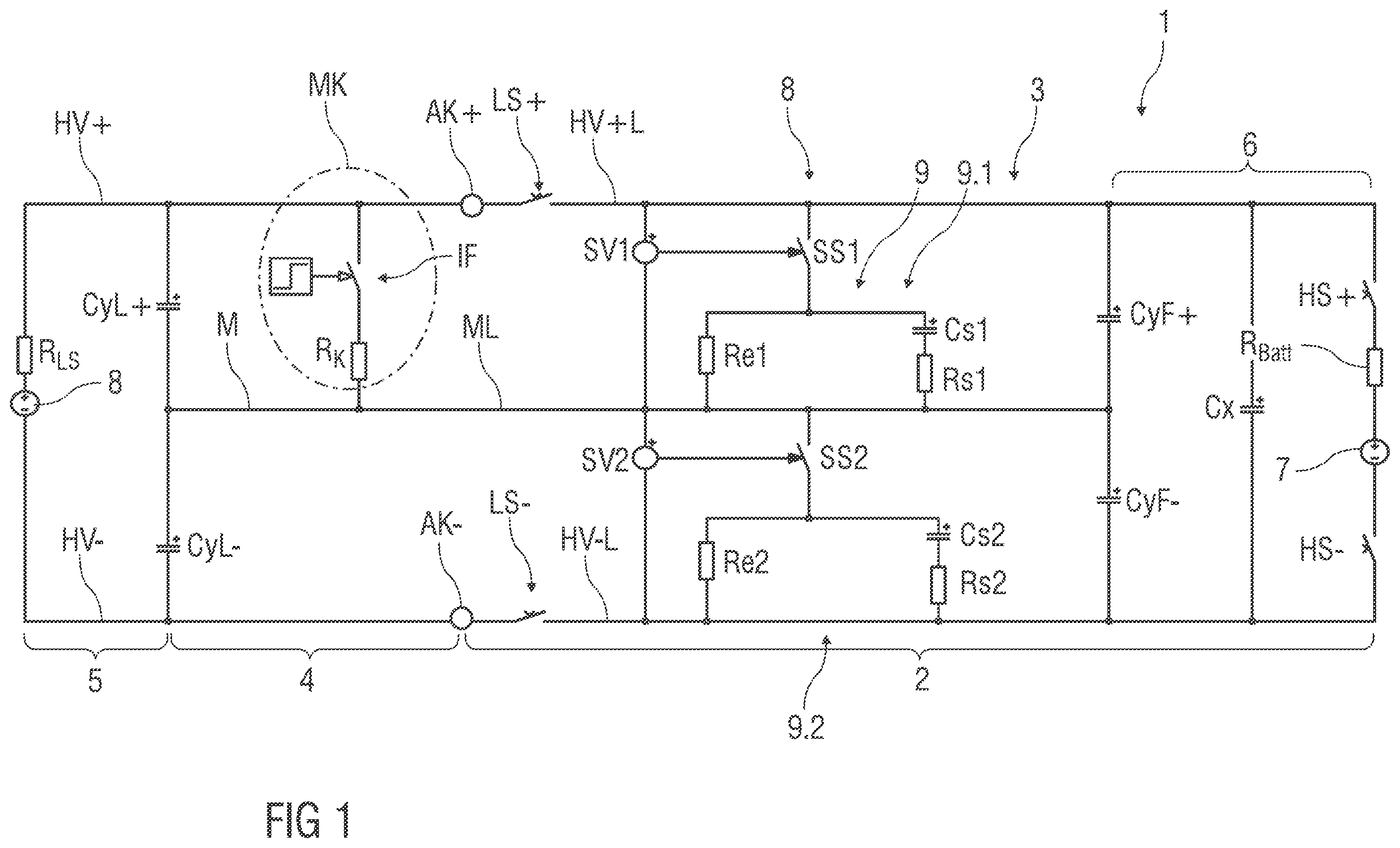 Patent US12351057 Figure 1 – Protection device for an electric dc grid, on-board electrical system for a vehicle, vehicle, and dc charging station