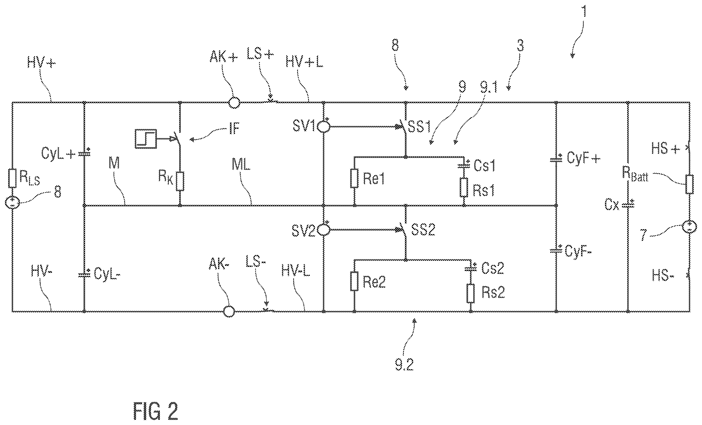 Patent US12351057 Figure 2 – Protection device for an electric dc grid, on-board electrical system for a vehicle, vehicle, and dc charging station