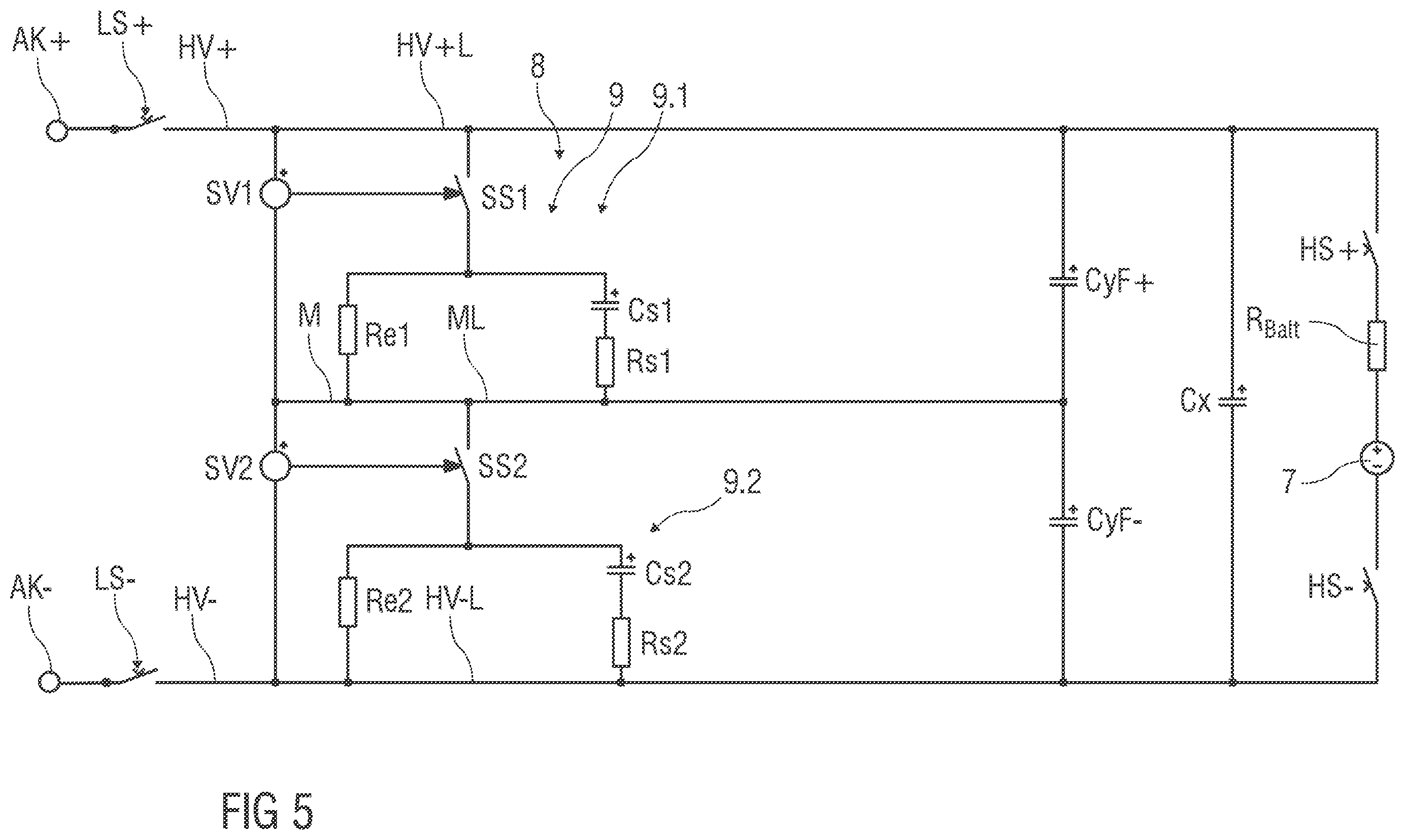 Patent US12351057 Figure 5 – Protection device for an electric dc grid, on-board electrical system for a vehicle, vehicle, and dc charging station