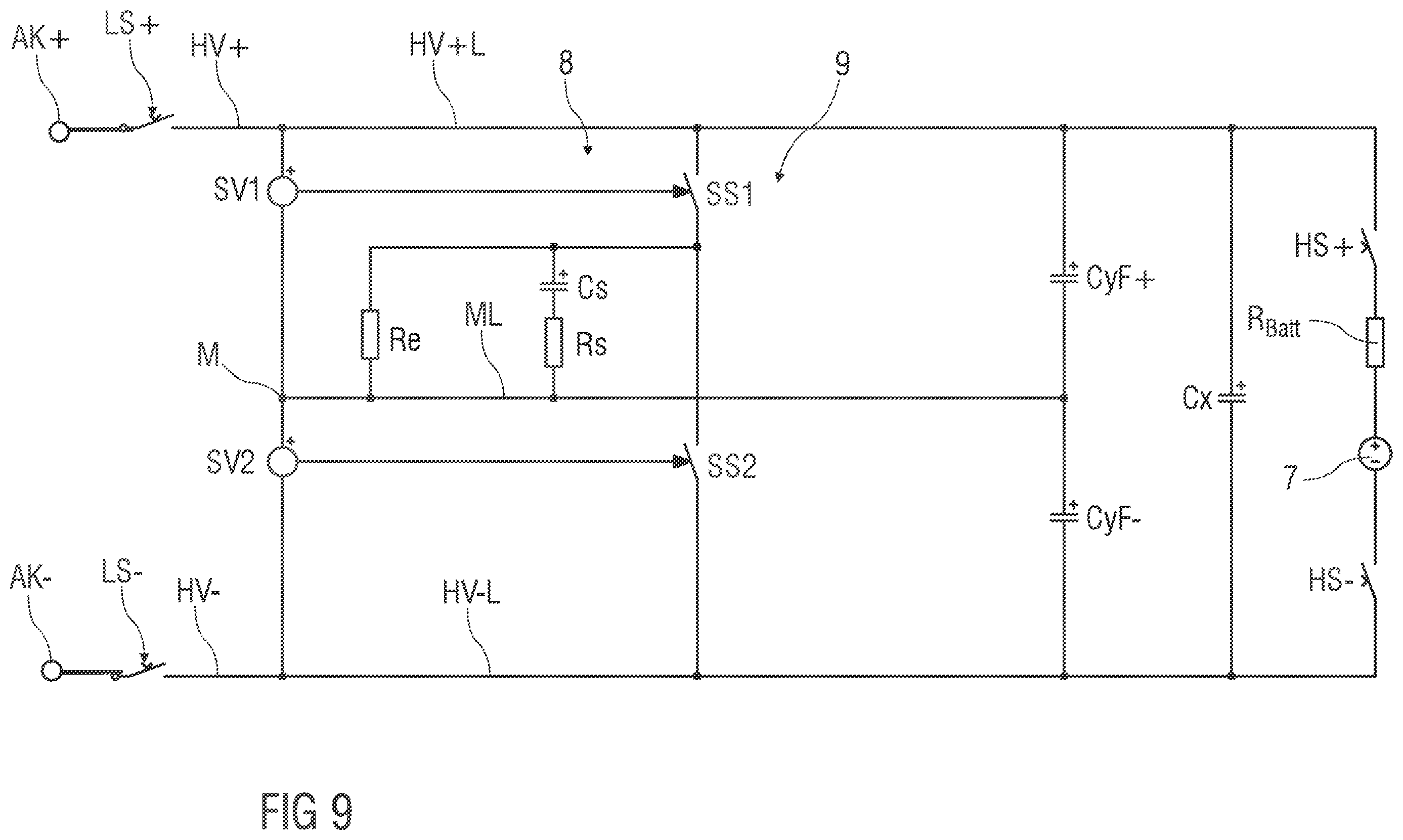 Patent US12351057 Figure 9 – Protection device for an electric dc grid, on-board electrical system for a vehicle, vehicle, and dc charging station