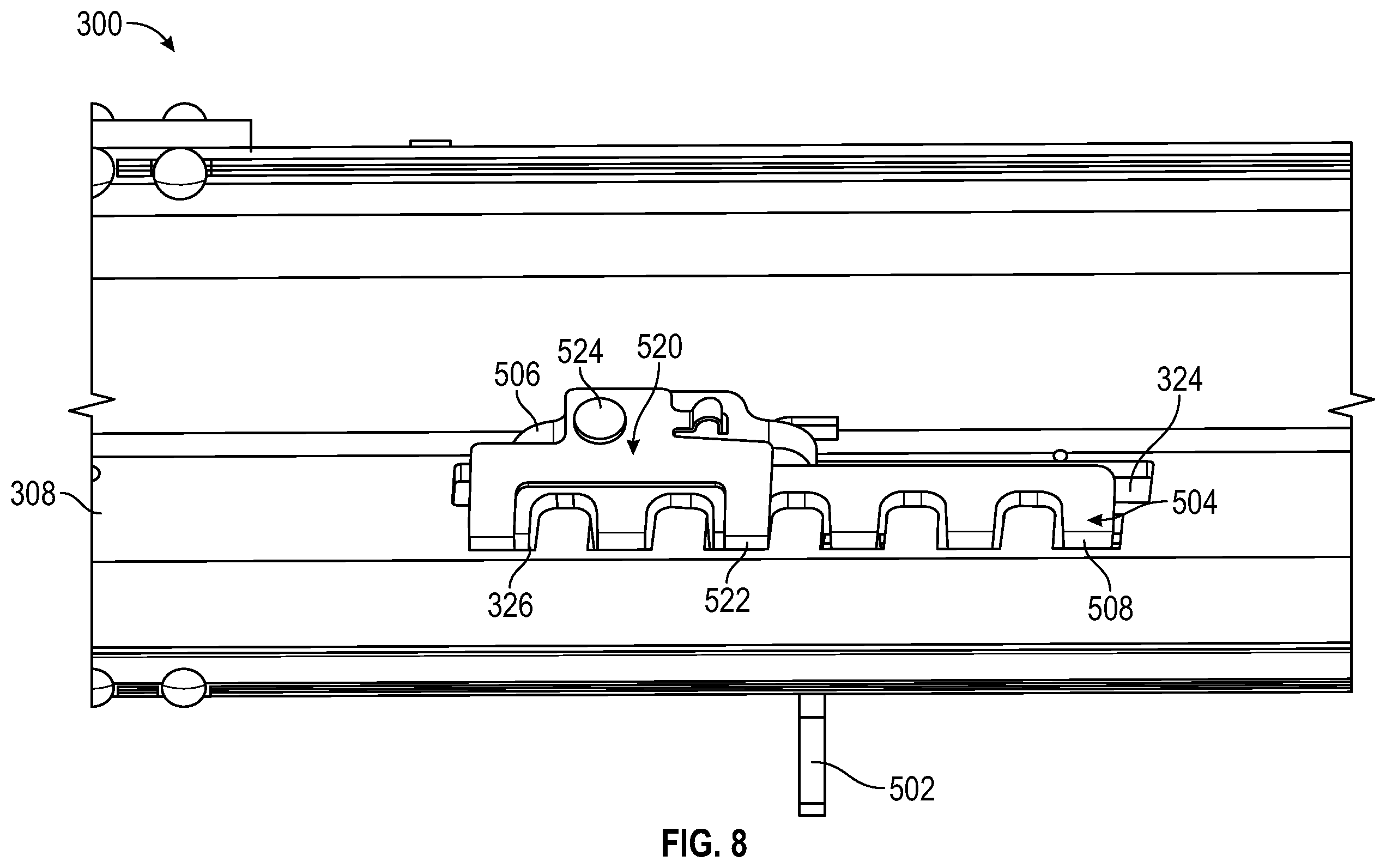 Patent US12351083 Figure 8 – Anti-chuck mechanism for seat track assembly