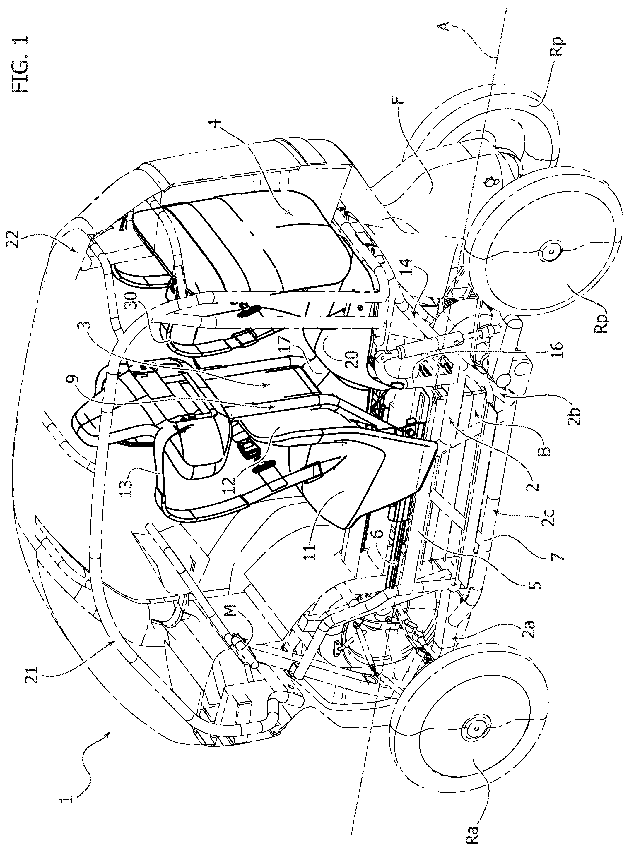 Patent US12351084 Figure 1 – Vehicle structure with facilitated access for the passenger