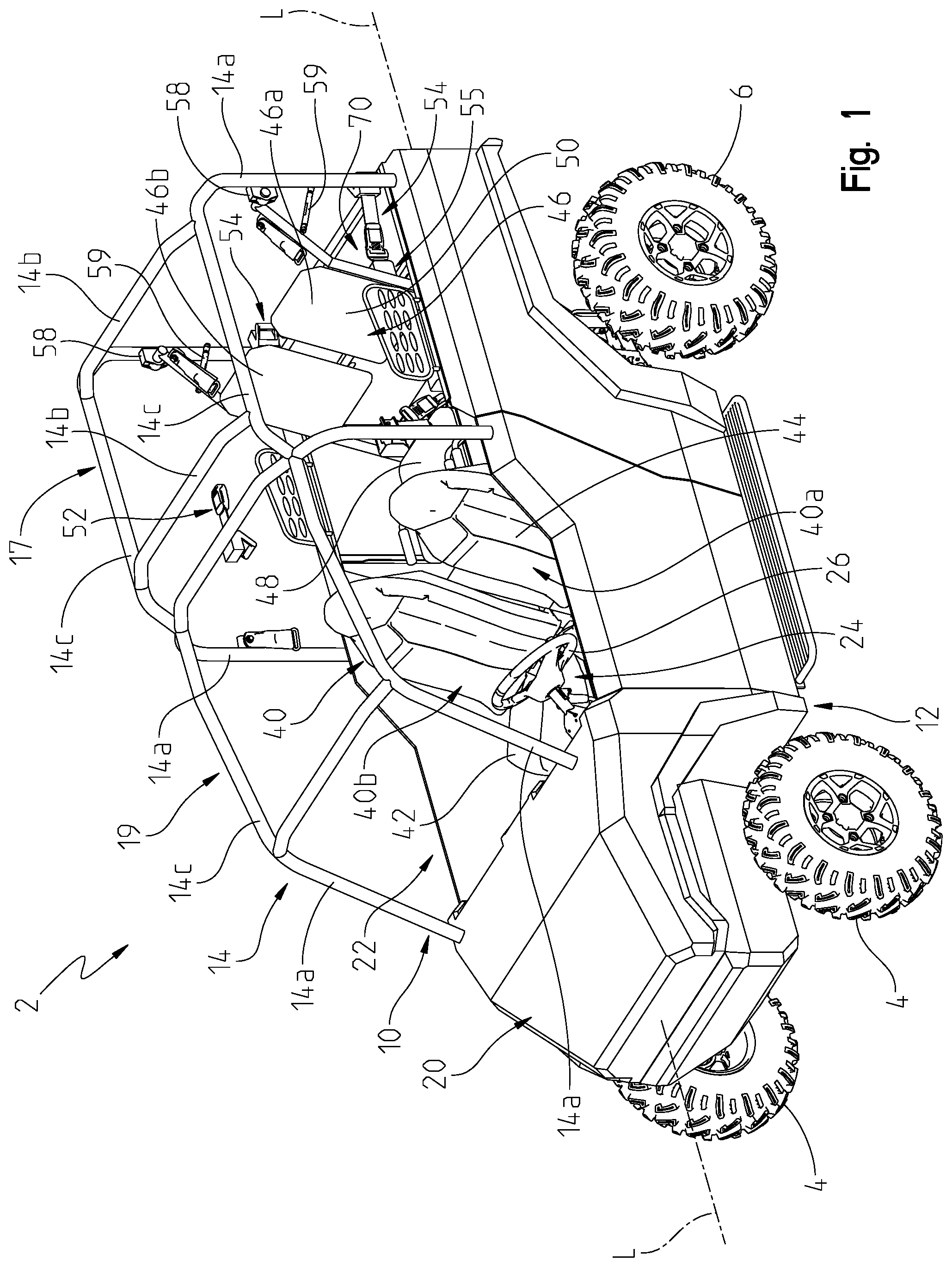 Patent US12351088 Figure 1 – Rear seating for utility vehicle