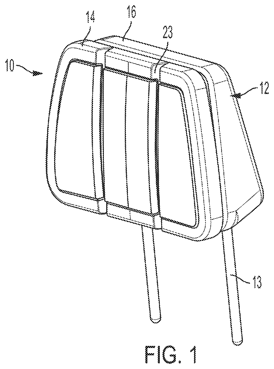 Patent US12351090 Figure 1 – Headrest assembly with friction hinge